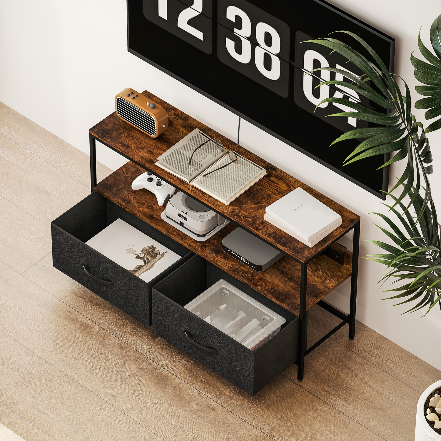 HOMCOM TV Stand with Storage and Charging Station, TV Table with 2 Foldable Linen Drawers and Open Shelf for 47 Inch Television, Entertainment Center