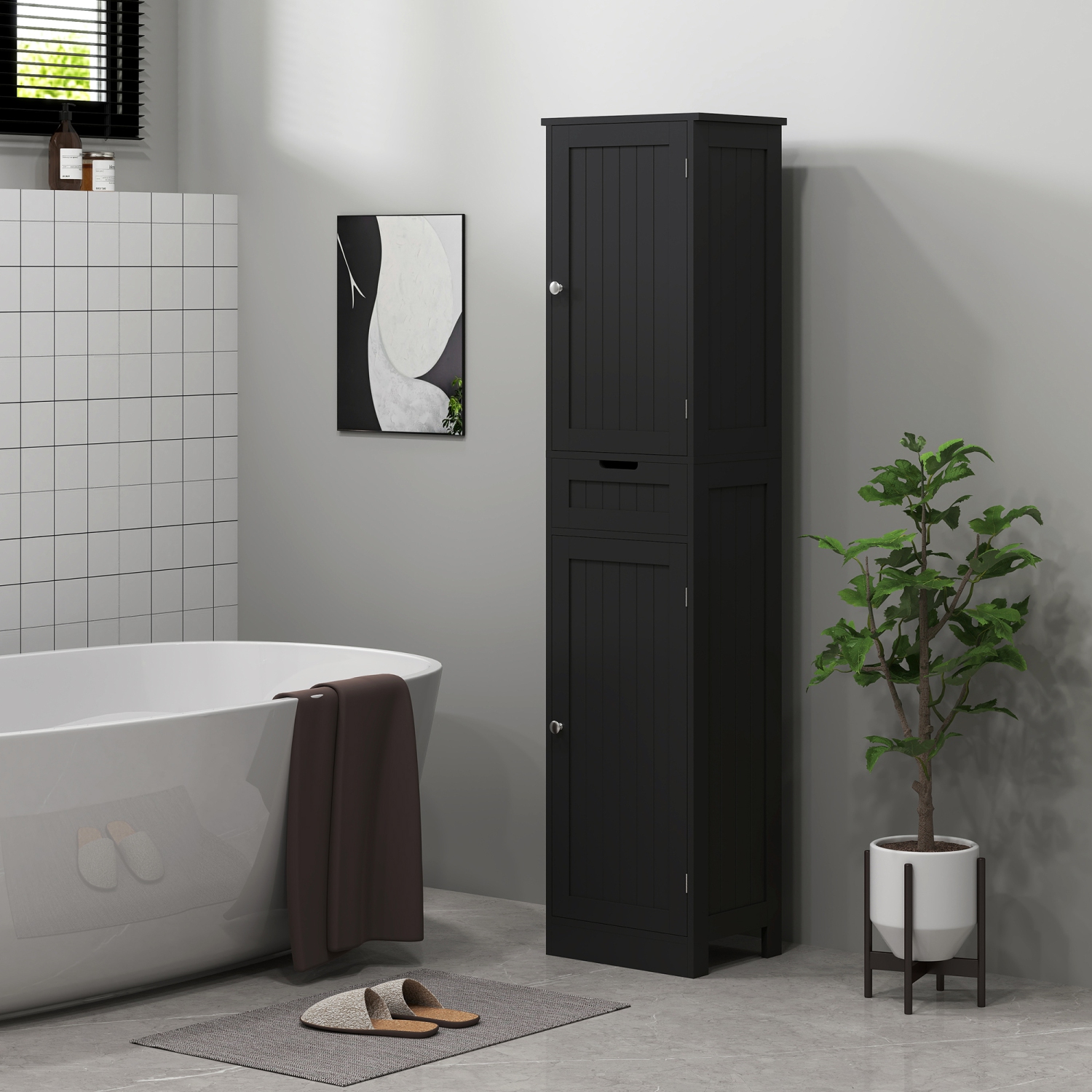 Armoire de rangement pour salle de bain de HOMCOM, armoire de salle de bain étroite avec portes, tiroir et tablettes réglables, tour à linge