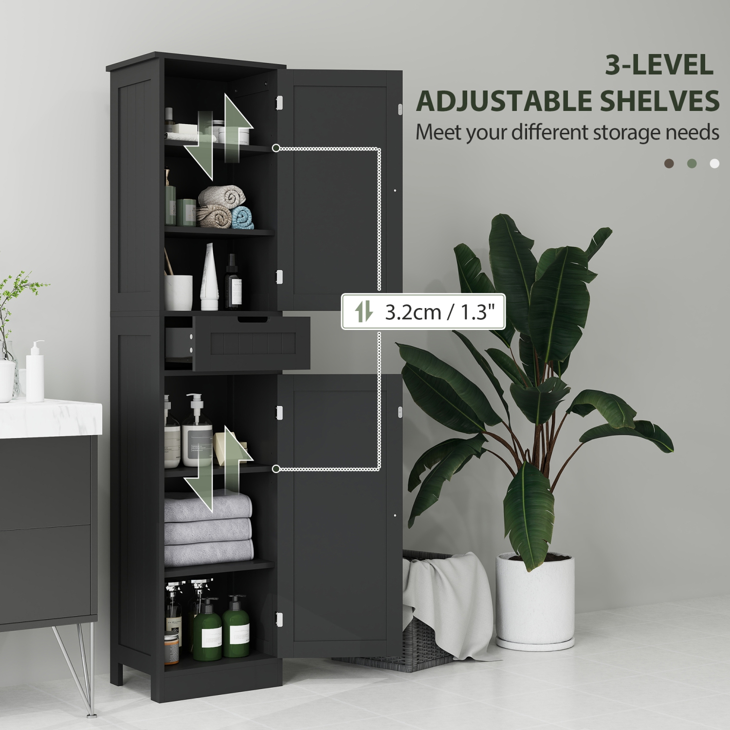 Armoire de rangement pour salle de bain de HOMCOM, armoire de salle de bain étroite avec portes, tiroir et tablettes réglables, tour à linge