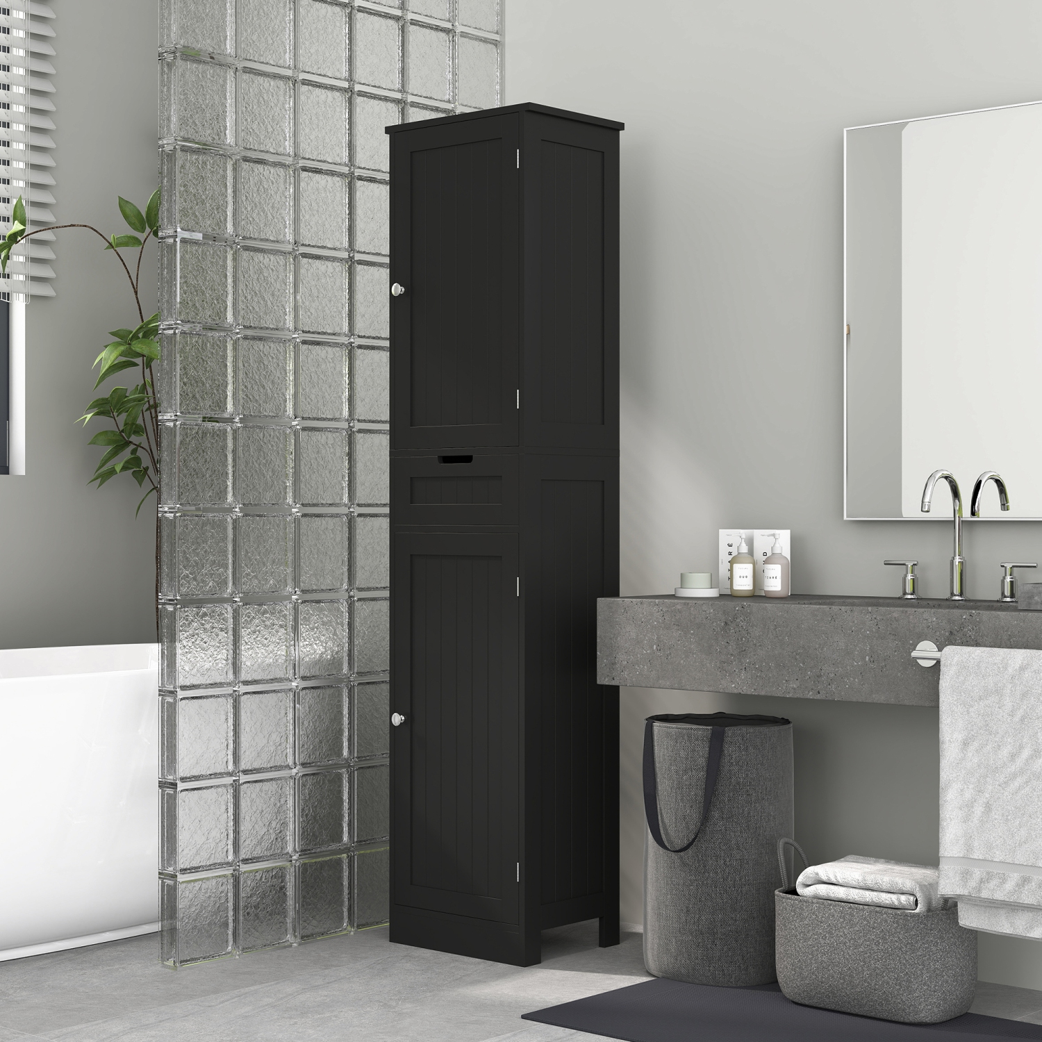 Armoire de rangement pour salle de bain de HOMCOM, armoire de salle de bain étroite avec portes, tiroir et tablettes réglables, tour à linge