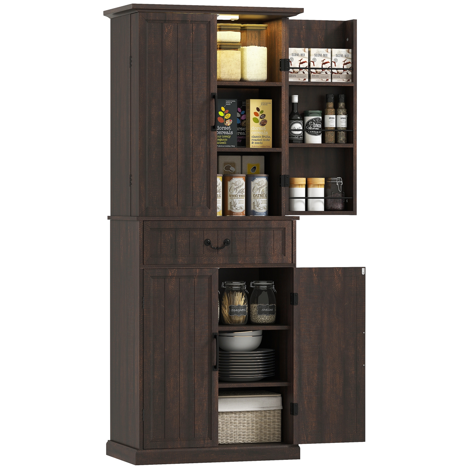 Armoire garde-manger de 71&nbsp;po de HOMCOM avec détecteur de mouvement LED à 3 couleurs, grande armoire de rangement Farmhouse avec tablettes de