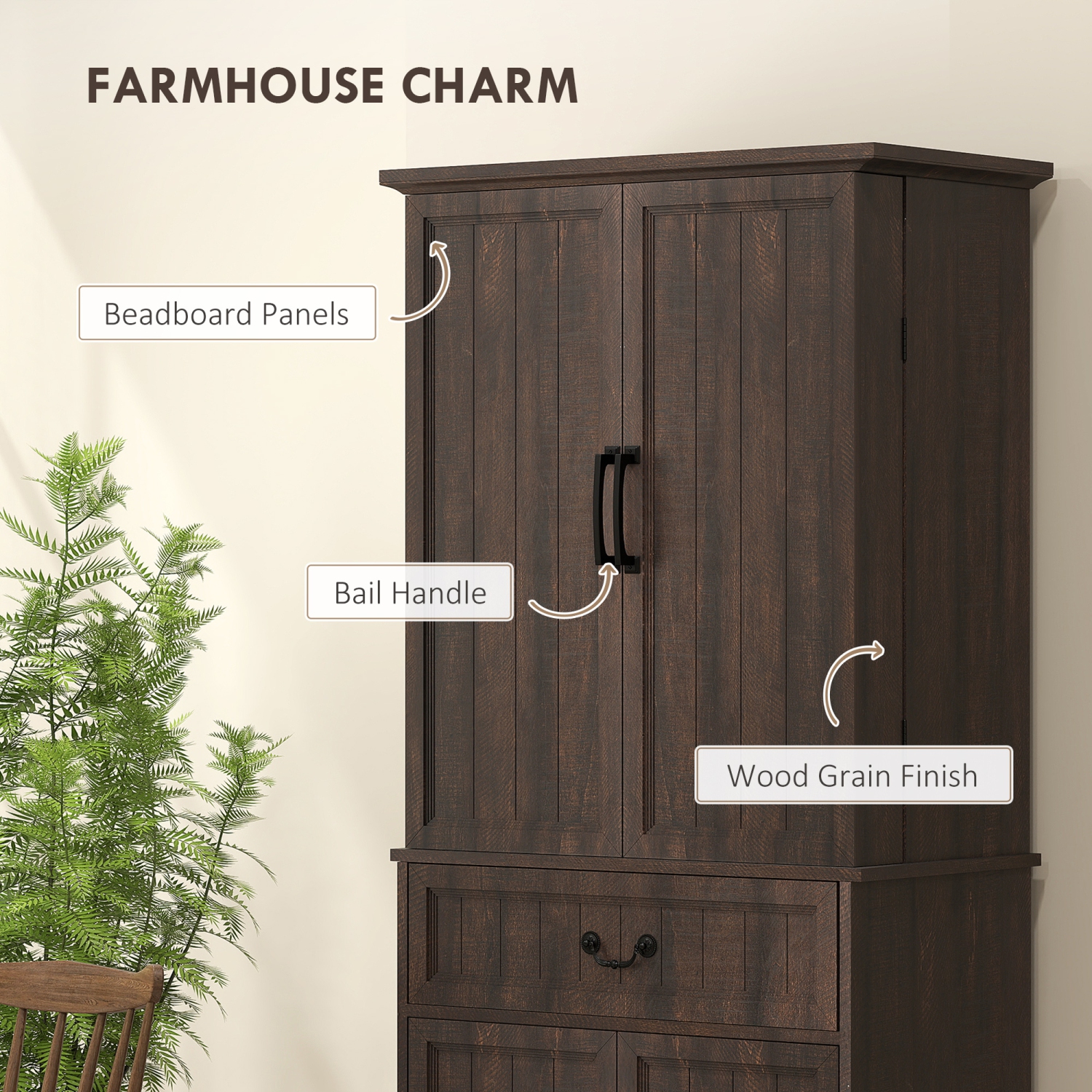 Armoire garde-manger de 71&nbsp;po de HOMCOM avec détecteur de mouvement LED à 3 couleurs, grande armoire de rangement Farmhouse avec tablettes de
