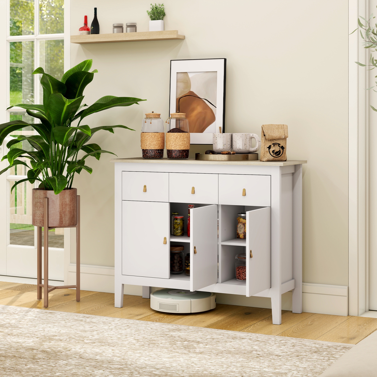 HOMCOM – Buffet avec espace de rangement, armoire de bar basse de cuisine de 40 po avec 3 tiroirs et 2 tablettes ajustables, table buffet