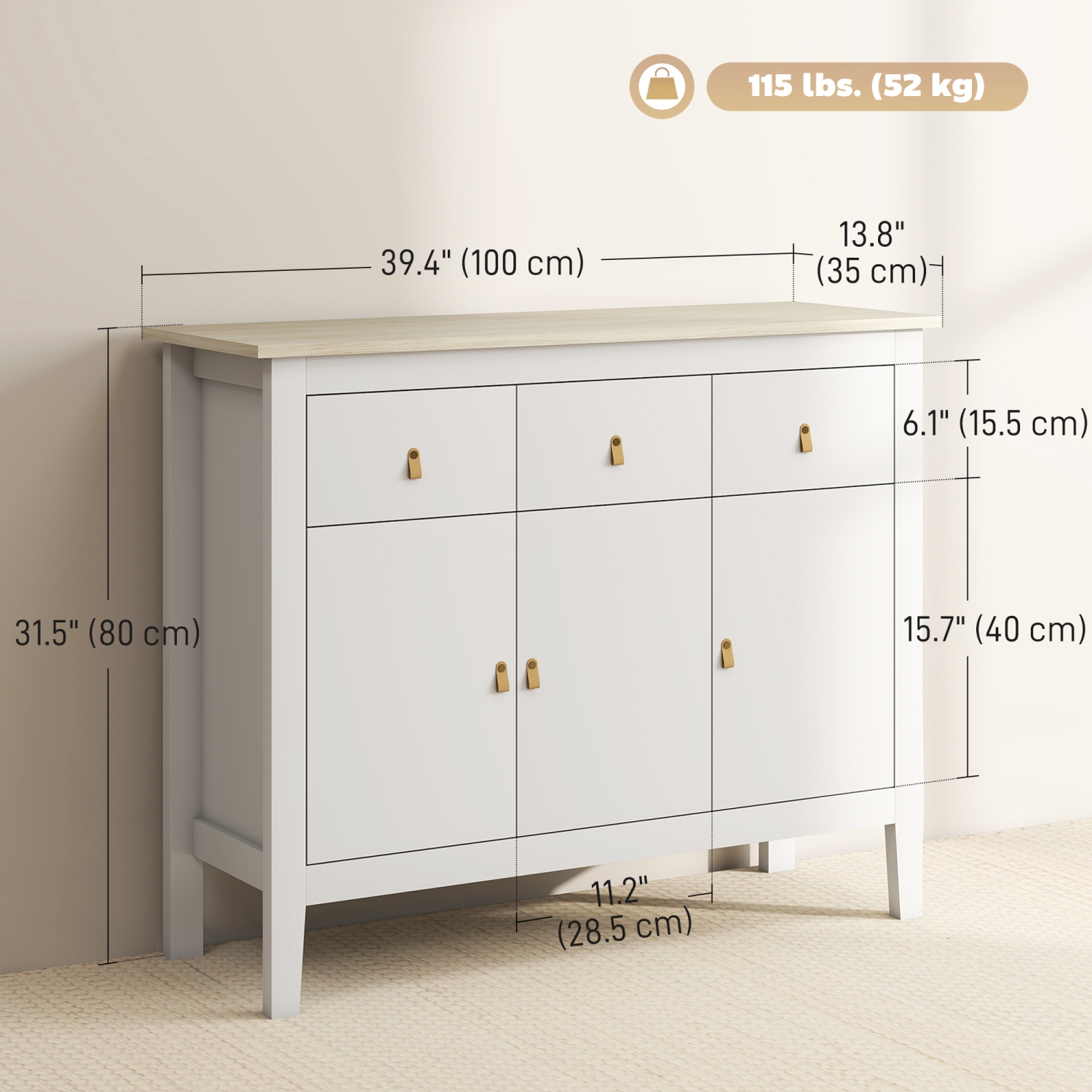 HOMCOM – Buffet avec espace de rangement, armoire de bar basse de cuisine de 40 po avec 3 tiroirs et 2 tablettes ajustables, table buffet