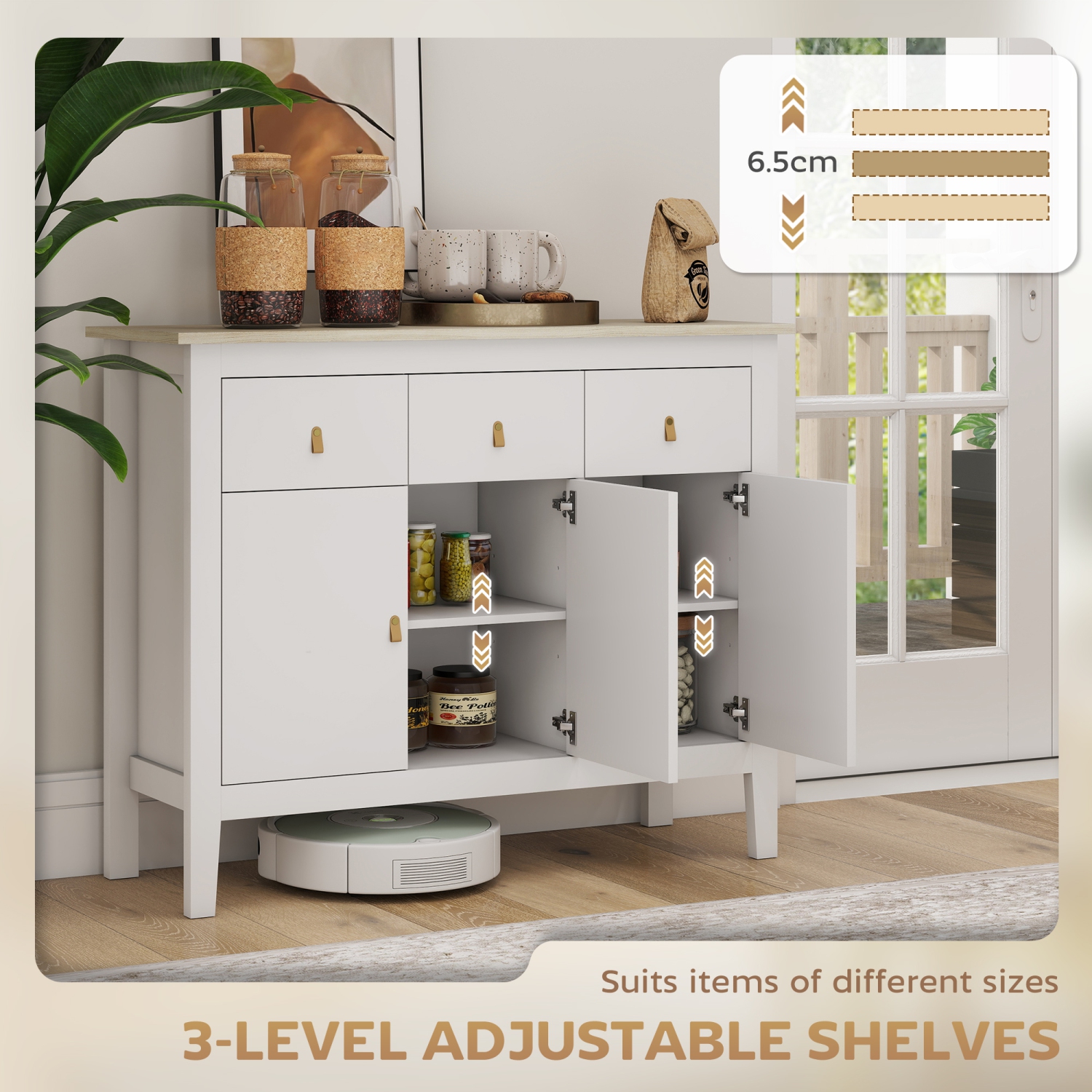 HOMCOM – Buffet avec espace de rangement, armoire de bar basse de cuisine de 40 po avec 3 tiroirs et 2 tablettes ajustables, table buffet