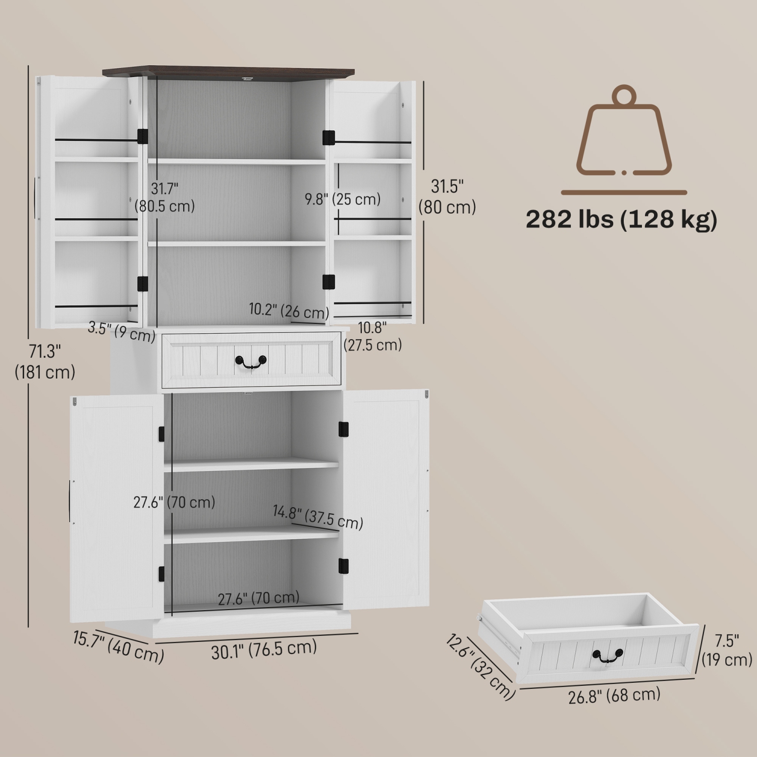 Armoire garde-manger de 71&nbsp;po de HOMCOM avec détecteur de mouvement LED à 3 couleurs, grande armoire de rangement Farmhouse avec tablettes de