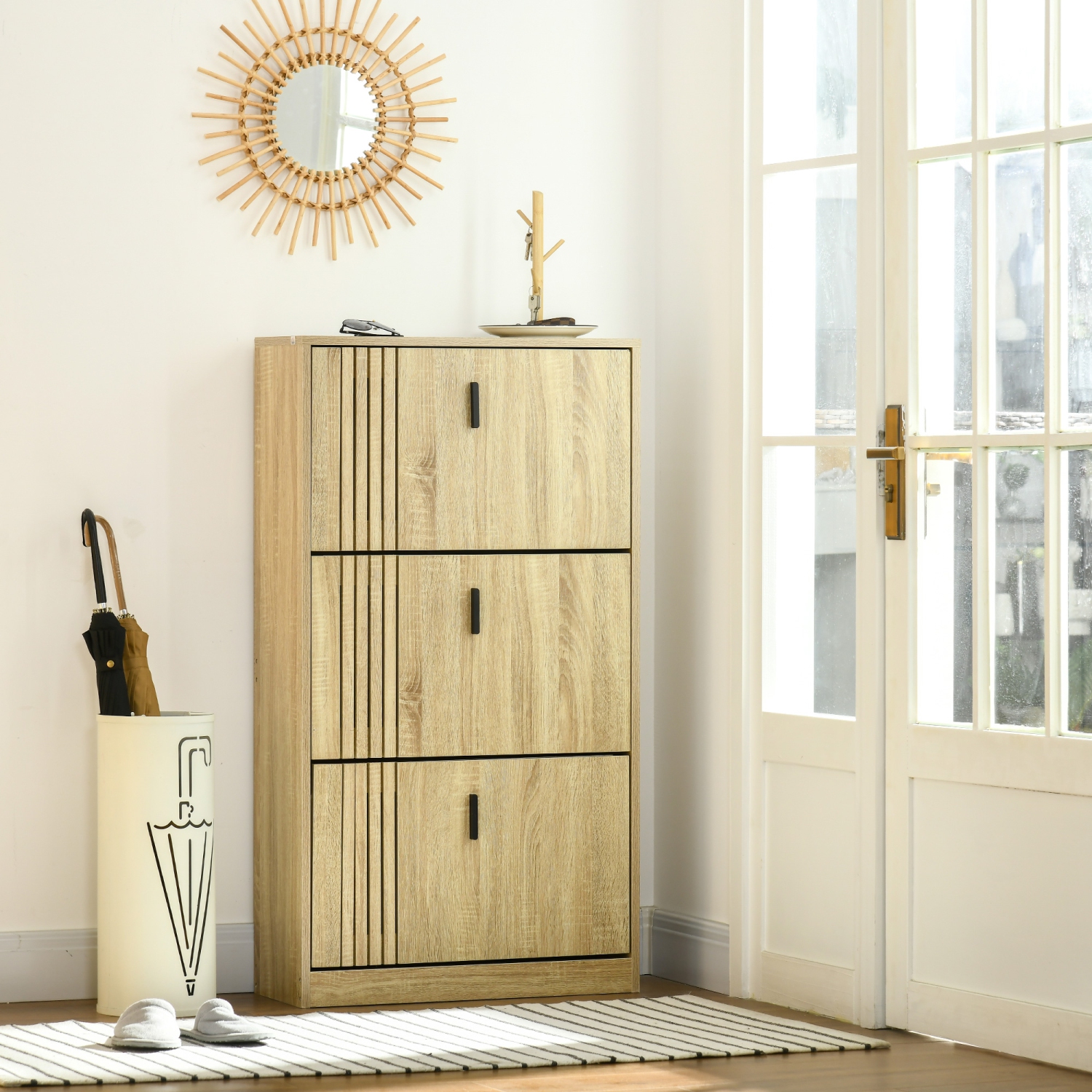 HOMCOM Shoe Cabinet, Rustic Shoe Storage Cabinet with 3 Flip Drawers and Adjustable Shelves for 18 Pairs for Entryway, Hallway, Oak