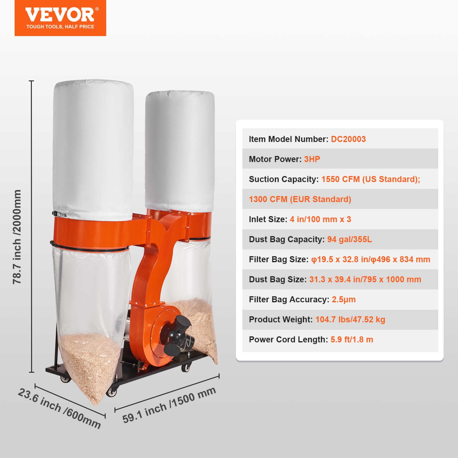 VEVOR 3HP 1550 CFM Dust Collector, Rolling Dual Dust Collector with 94-Gallon Large Dust Collection Bag, 2.5 Micron Bag Filtration, Workshop Mobile