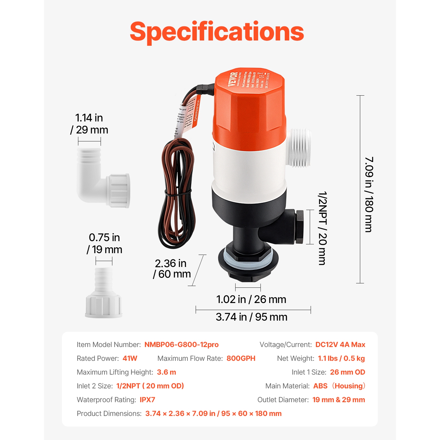 VEVOR 12V 800 GPH Livewell Pump for Boat, Straight Livewell Aerator Pump with Dual Inlet, ABA Housing & Detachable Motor Cartridge,