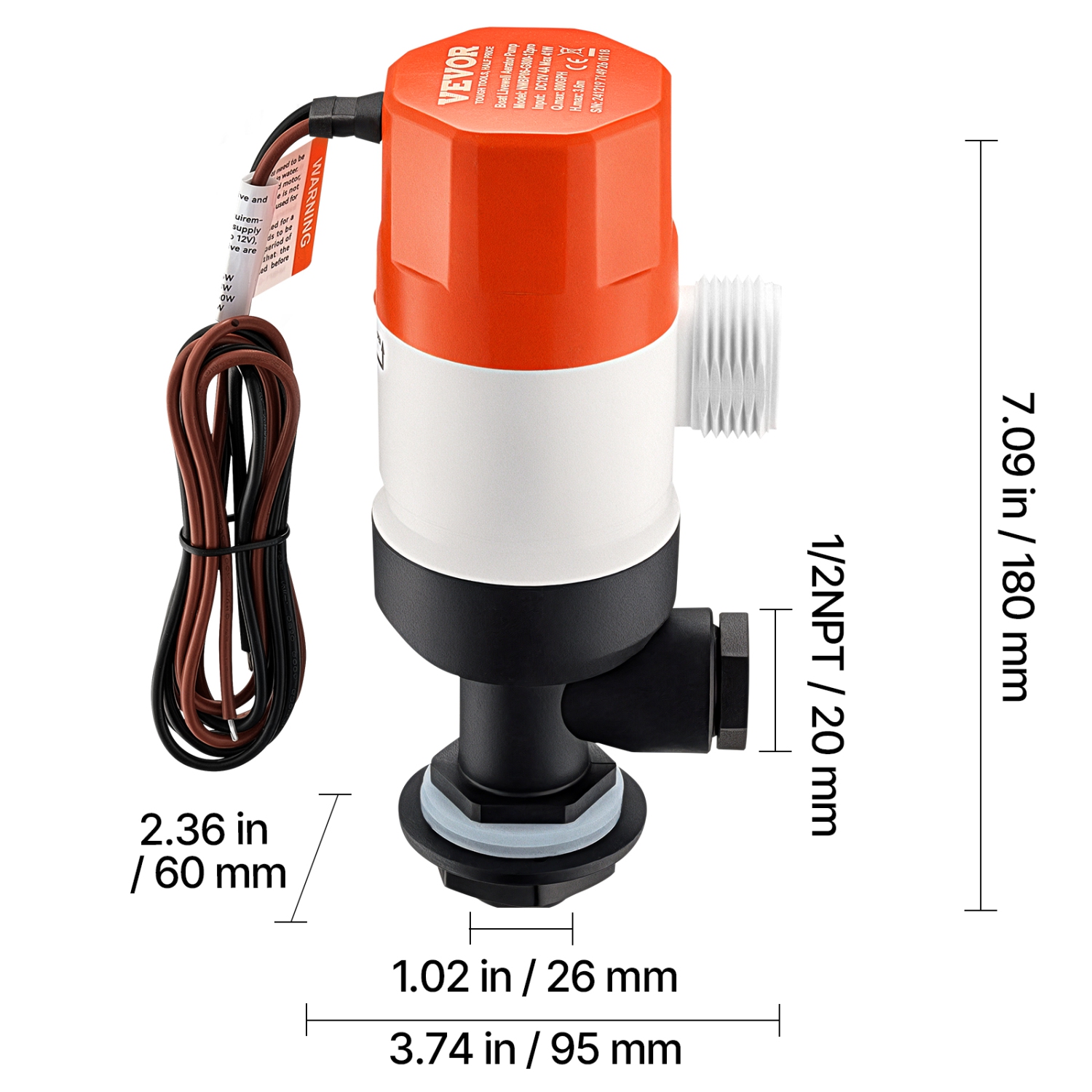 VEVOR 12V 800 GPH Livewell Pump for Boat, Straight Livewell Aerator Pump with Dual Inlet, ABA Housing & Detachable Motor Cartridge,