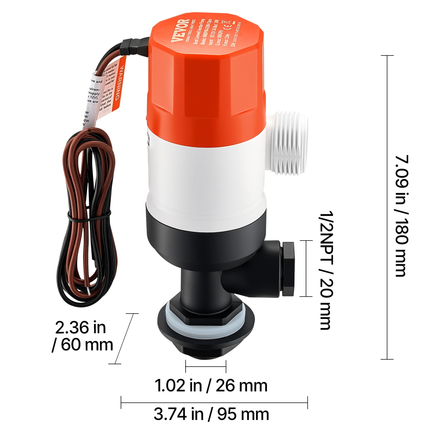 Pompe VEVOR 12&nbsp;V de 500 gal/h pour bateau, pompe d'aérateur droite avec double entrée, boîtier ABA et cartouche de moteur amovible, pompe