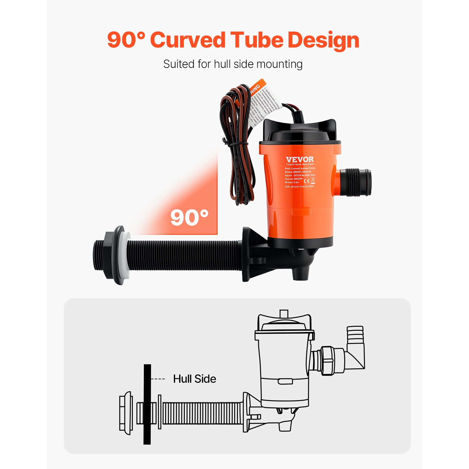 Pompe VEVOR 12&nbsp;V de 800 gal/h pour bateau, pompe aérateur LIVEWELL avec moteur amovible, pompes à aivers à 90 degrés pour bateaux, pompe