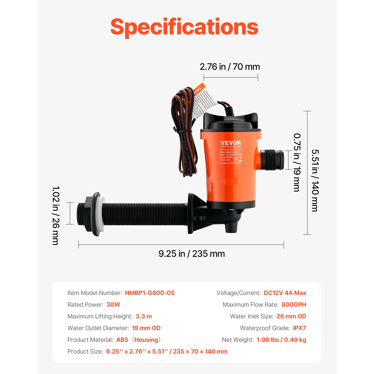 Pompe VEVOR 12&nbsp;V de 800 gal/h pour bateau, pompe aérateur LIVEWELL avec moteur amovible, pompes à aivers à 90 degrés pour bateaux, pompe