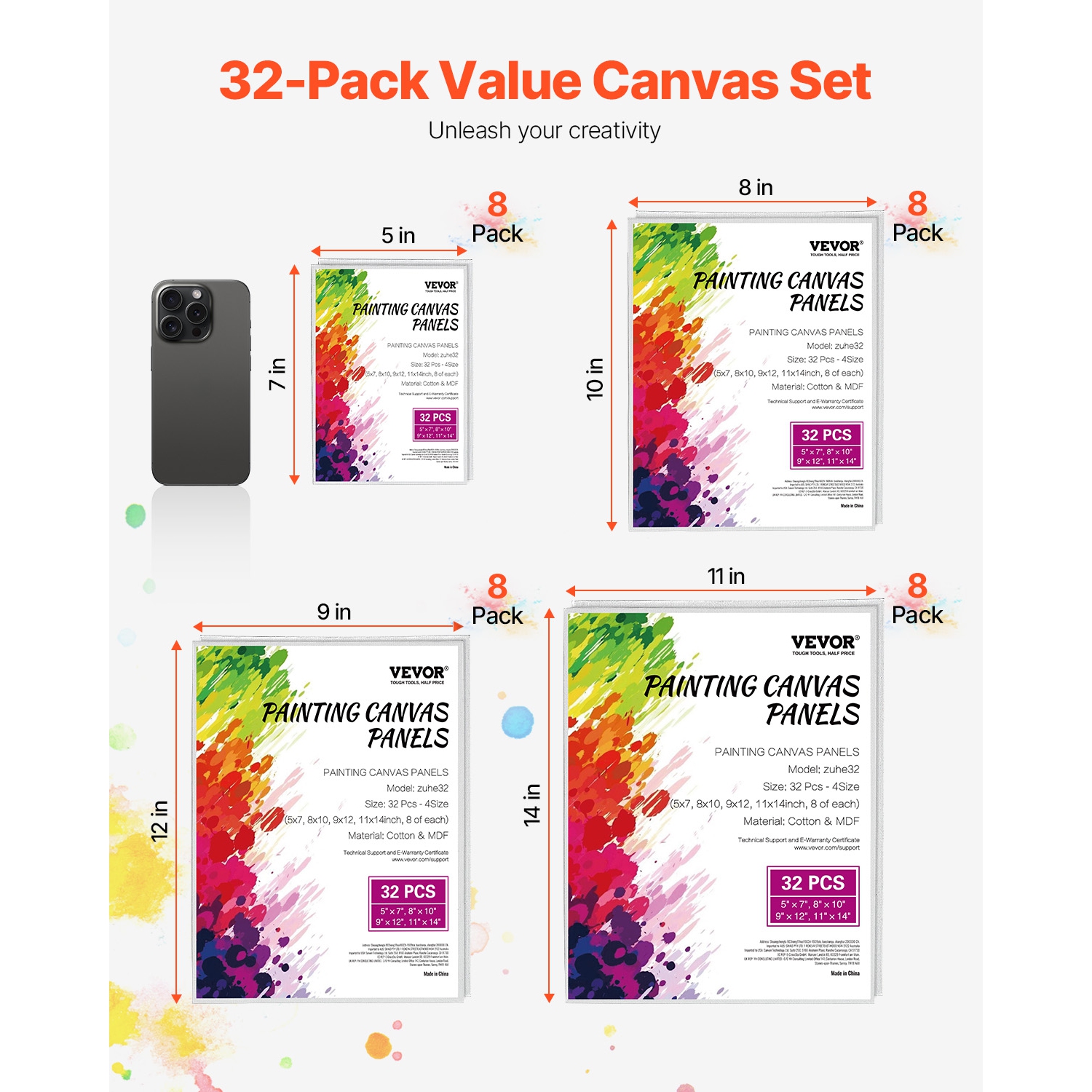 VEVOR 32 Pack Canvas Boards for Painting,White Painting Canvases Set - 5x7,8x10,9x12,11x14 Panels for Acrylic and Oil Painting, Watercolor, Paint