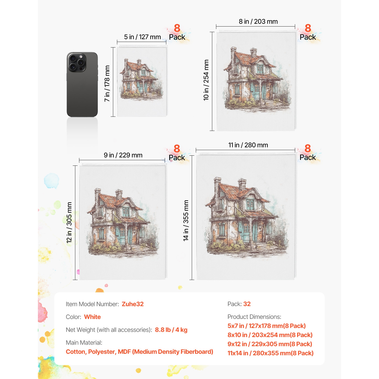 VEVOR 32 Pack Canvas Boards for Painting,White Painting Canvases Set - 5x7,8x10,9x12,11x14 Panels for Acrylic and Oil Painting, Watercolor, Paint