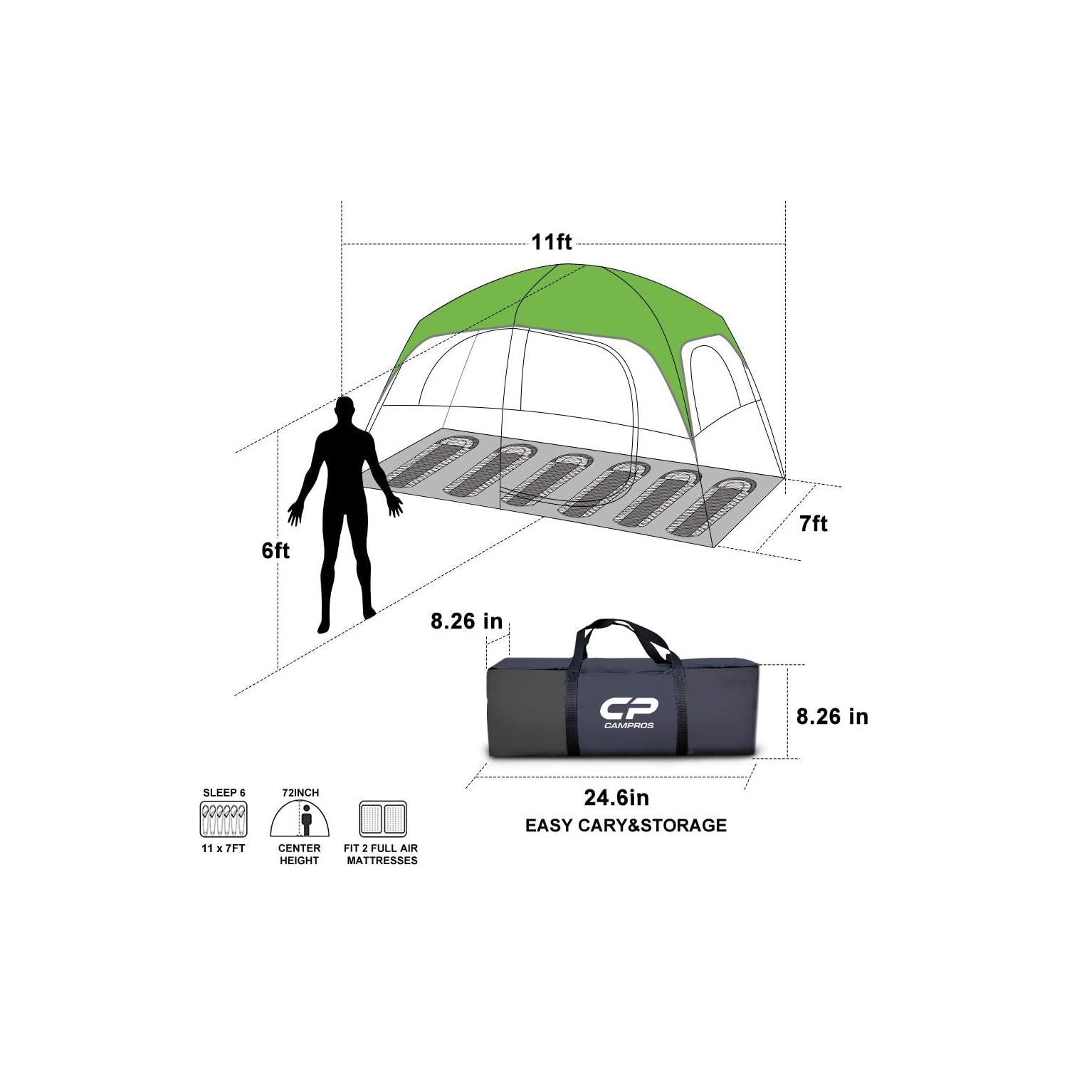 Tente de camping CAMPROS CP pour 6&nbsp;personnes, tente familiale étanche à l'épreuve du vent avec double-toit, 4 grandes fenêtres en filet, double