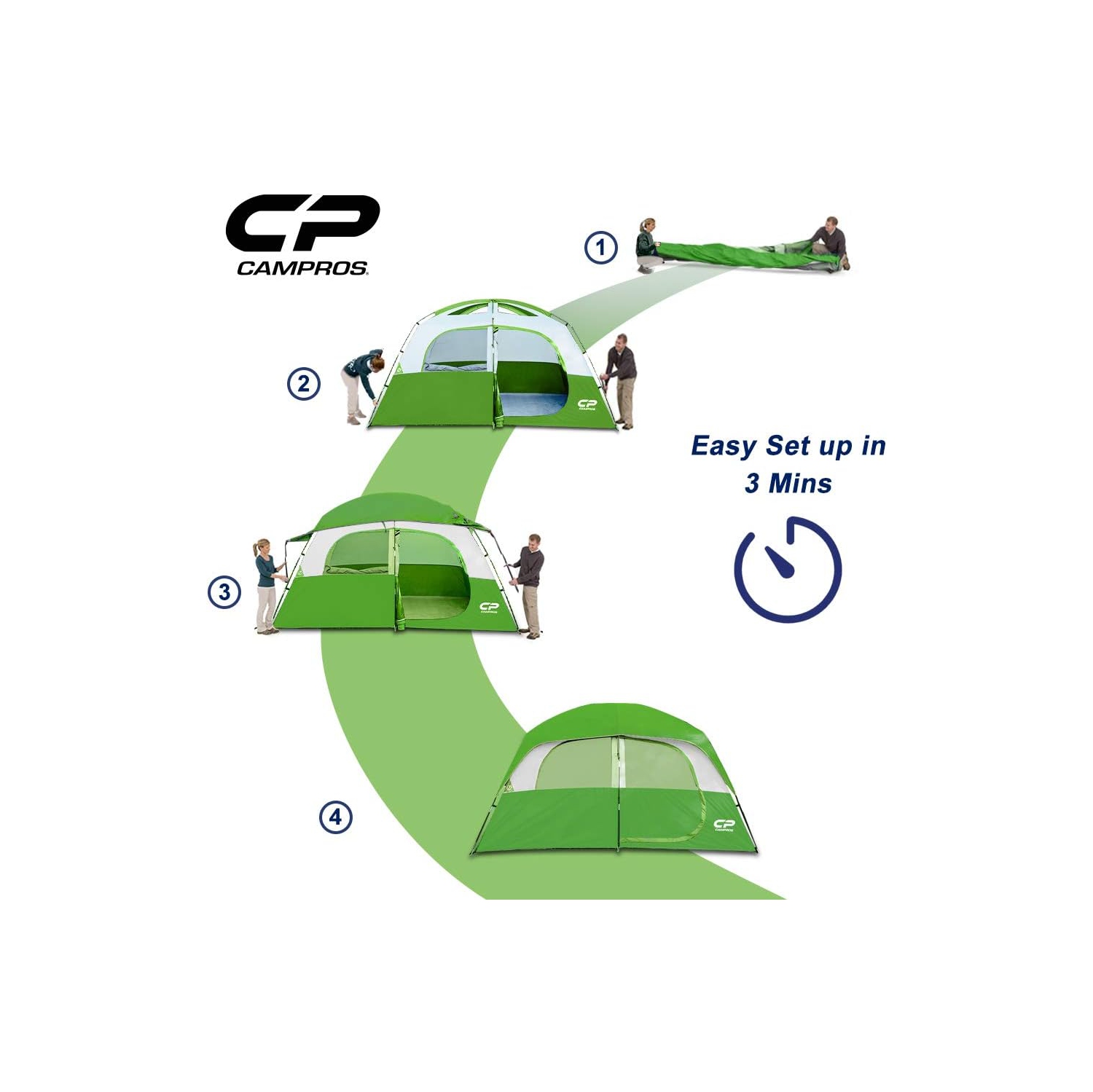 Tente de camping CAMPROS CP pour 6&nbsp;personnes, tente familiale étanche à l'épreuve du vent avec double-toit, 4 grandes fenêtres en filet, double