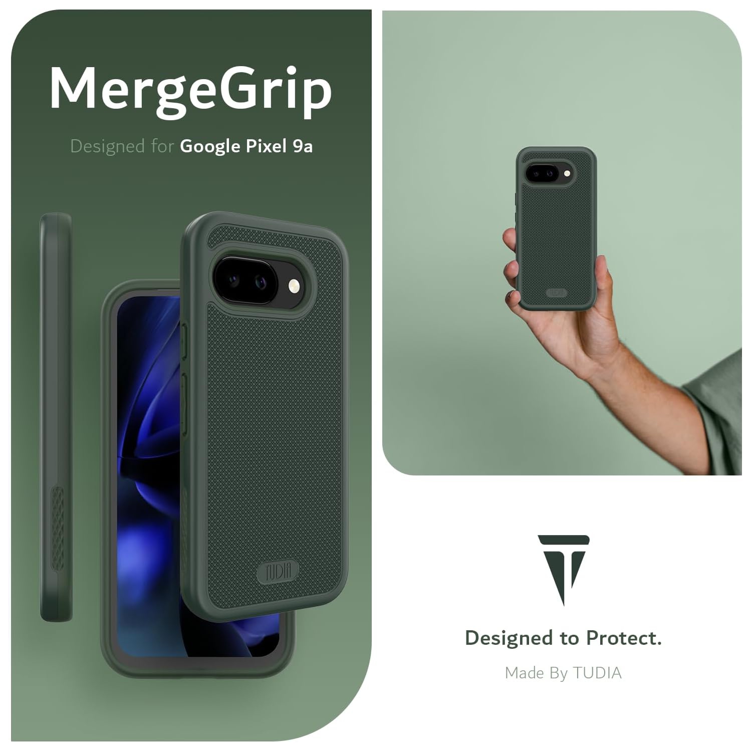 Étui double couche MergeGrip de TUDIA pour Pixel 9 A 2025 de Google - Vert pin