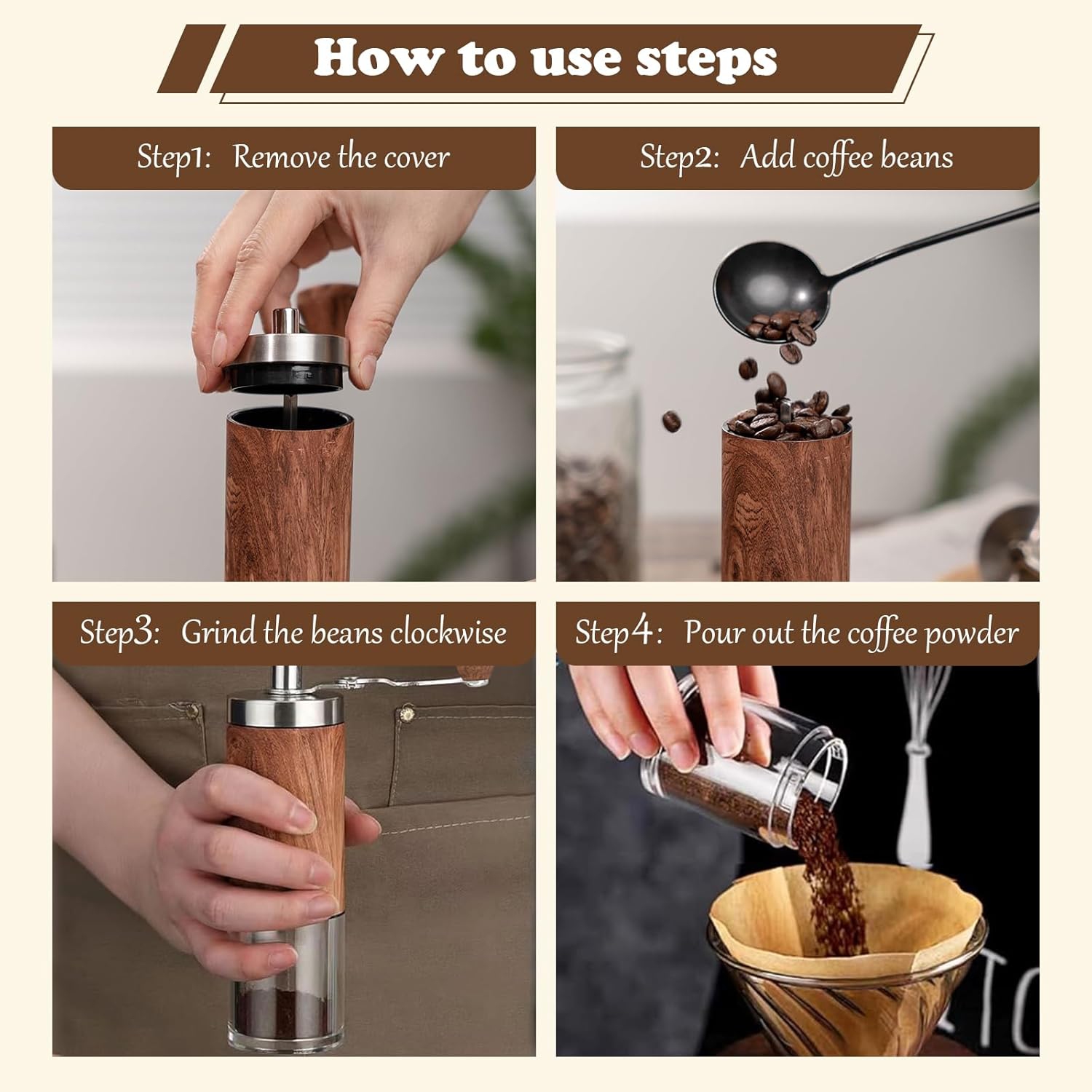 Hand crank portable coffee bean grinder coffee bean grinder stainless steel hand grinder coffee machine small household stainless steel, wood grain