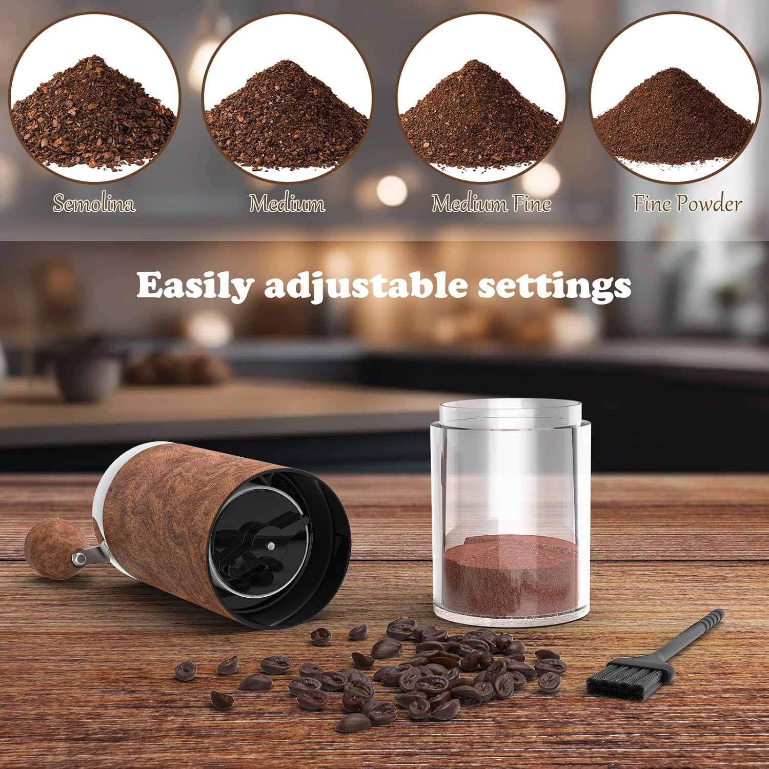 Hand crank portable coffee bean grinder coffee bean grinder stainless steel hand grinder coffee machine small household stainless steel, wood grain