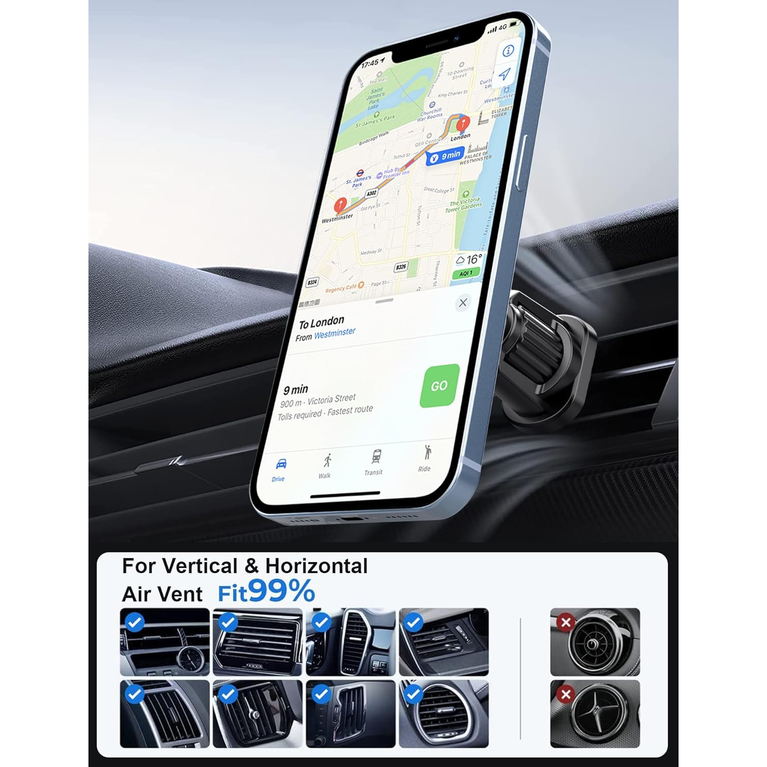 Magnetic car holder, air outlet mobile phone holder clip, 360 degree rotatable magsafe strong magnetic car air outlet magnetic mobile phone holder