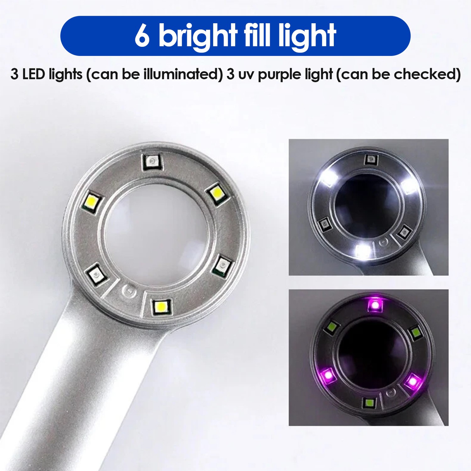 Loupe à bijoux portative rechargeable USB 10X avec lumière LED et UV pour la lecture, l'identification des bijoux, la détection des billets de banque