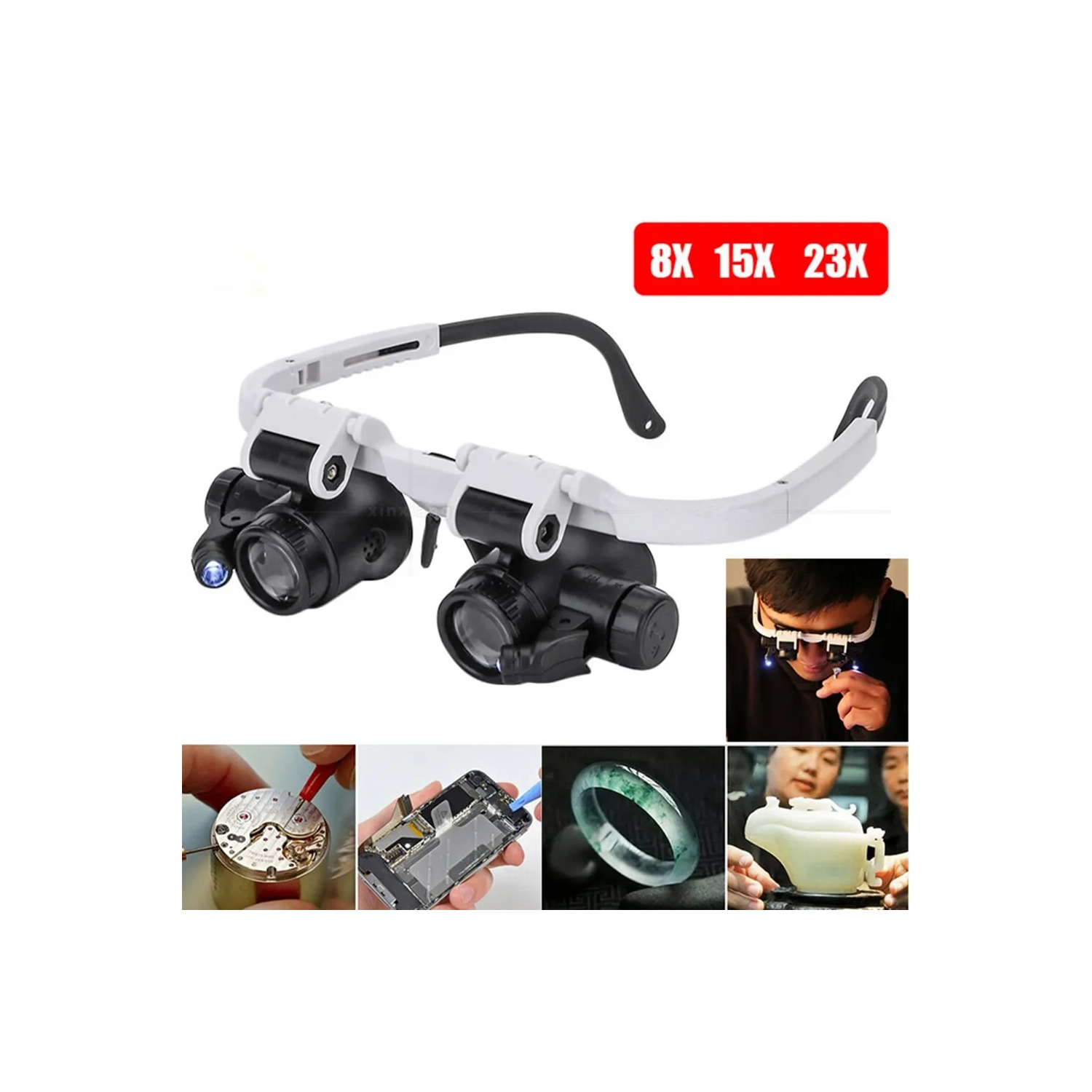 Loupe à bijoux montée sur la tête 8X/15X/23X avec lampe LED pour lire, réparer une montre et identifier les bijoux