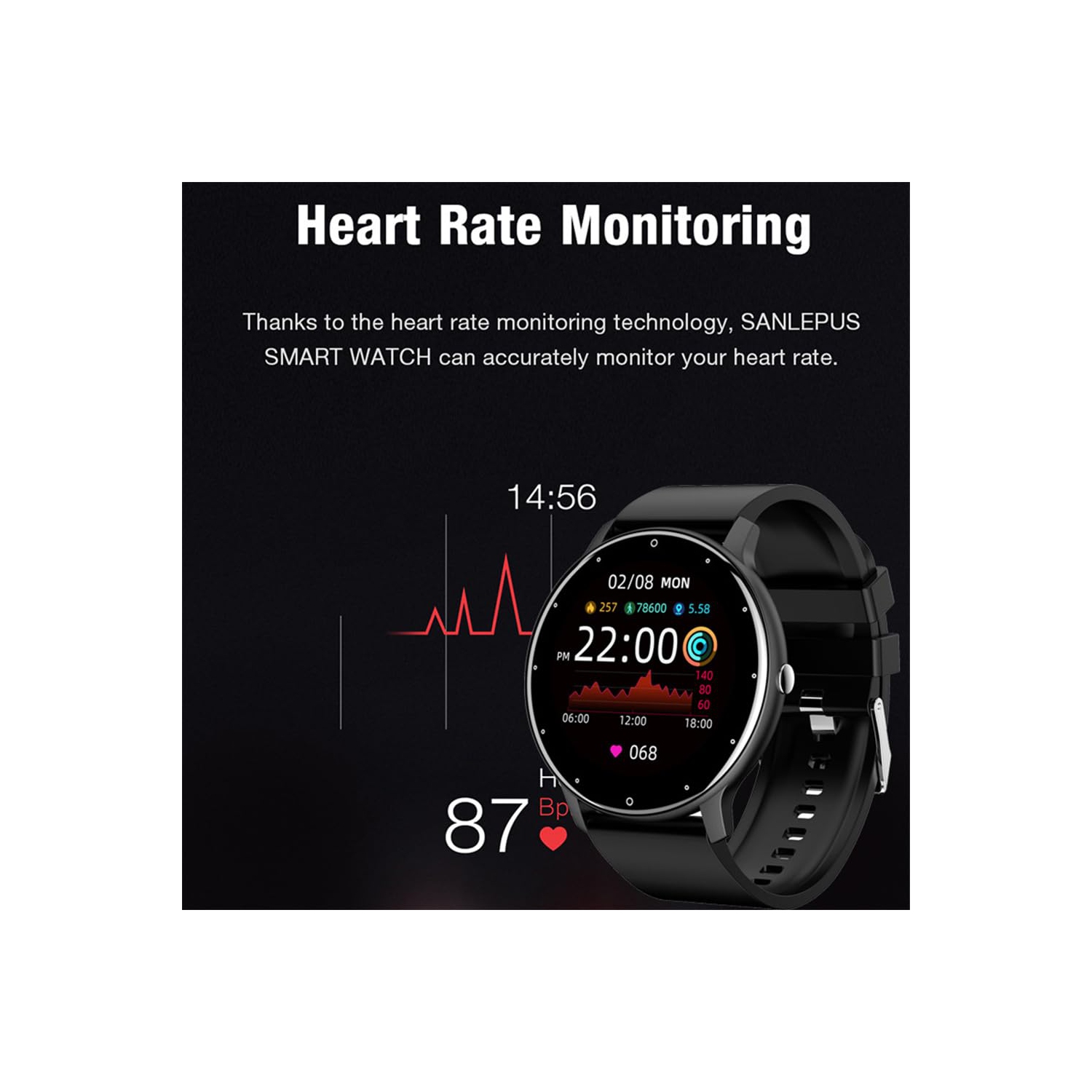 Montre intelligente sport étanche, moniteur de fréquence cardiaque, tension artérielle, moniteur de sommeil intelligent pour hommes et femmes – Noir