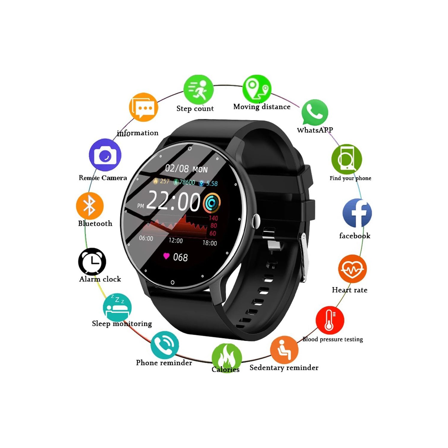 Montre intelligente sport étanche, moniteur de fréquence cardiaque, tension artérielle, moniteur de sommeil intelligent pour hommes et femmes – Noir