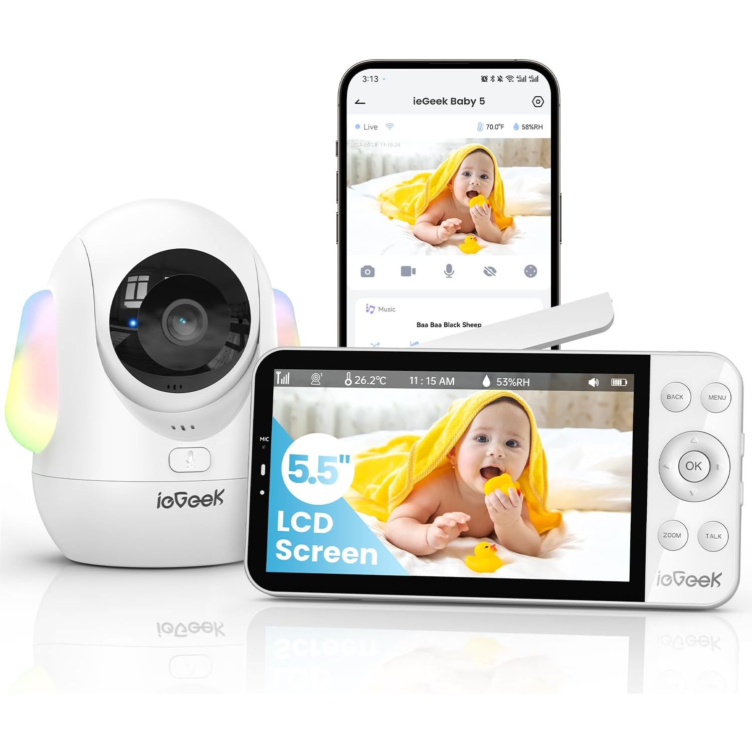 ieGeek 4MP 355° Baby Monitor with RGB Night Light,5.5" Wireless IPS Screen,2.4G/5G WiFi Moniteur Bébé,4000mah Smart Baby Camera,White
