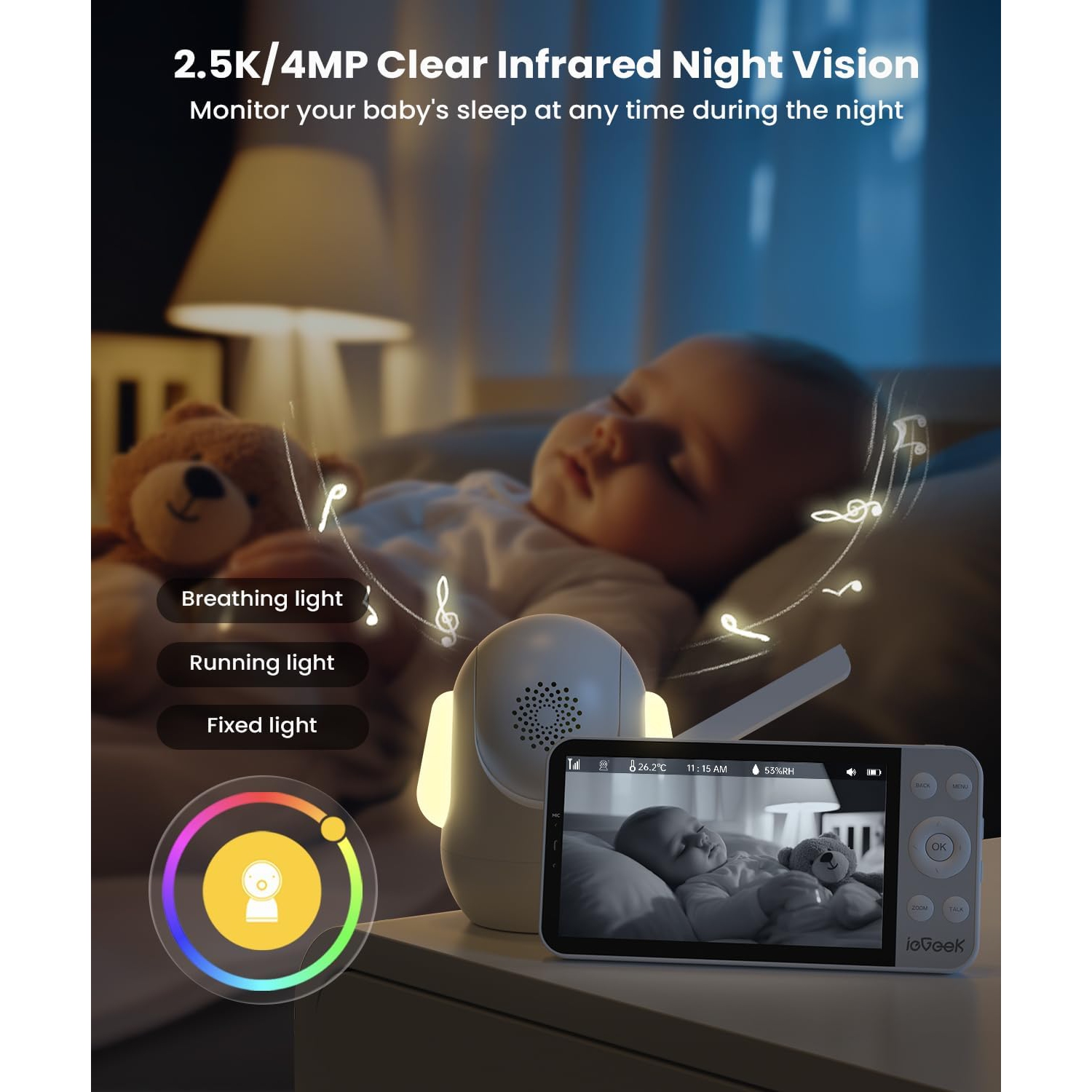 ieGeek 4MP 355° Baby Monitor with RGB Night Light,5.5" Wireless IPS Screen,2.4G/5G WiFi Moniteur Bébé,4000mah Smart Baby Camera,White