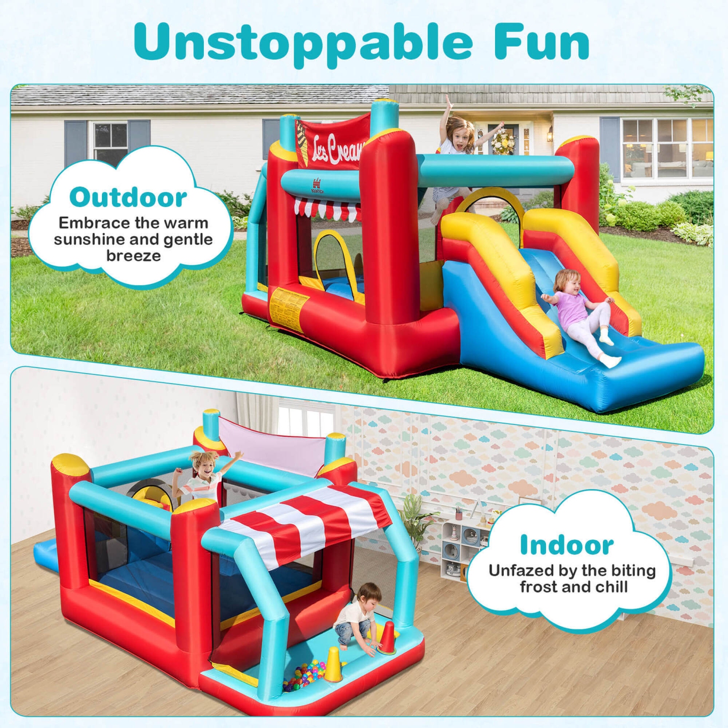 Costway Inflatable Bounce House 5-in-1 Ice Cream Jumping Castle with/without 520W Blower