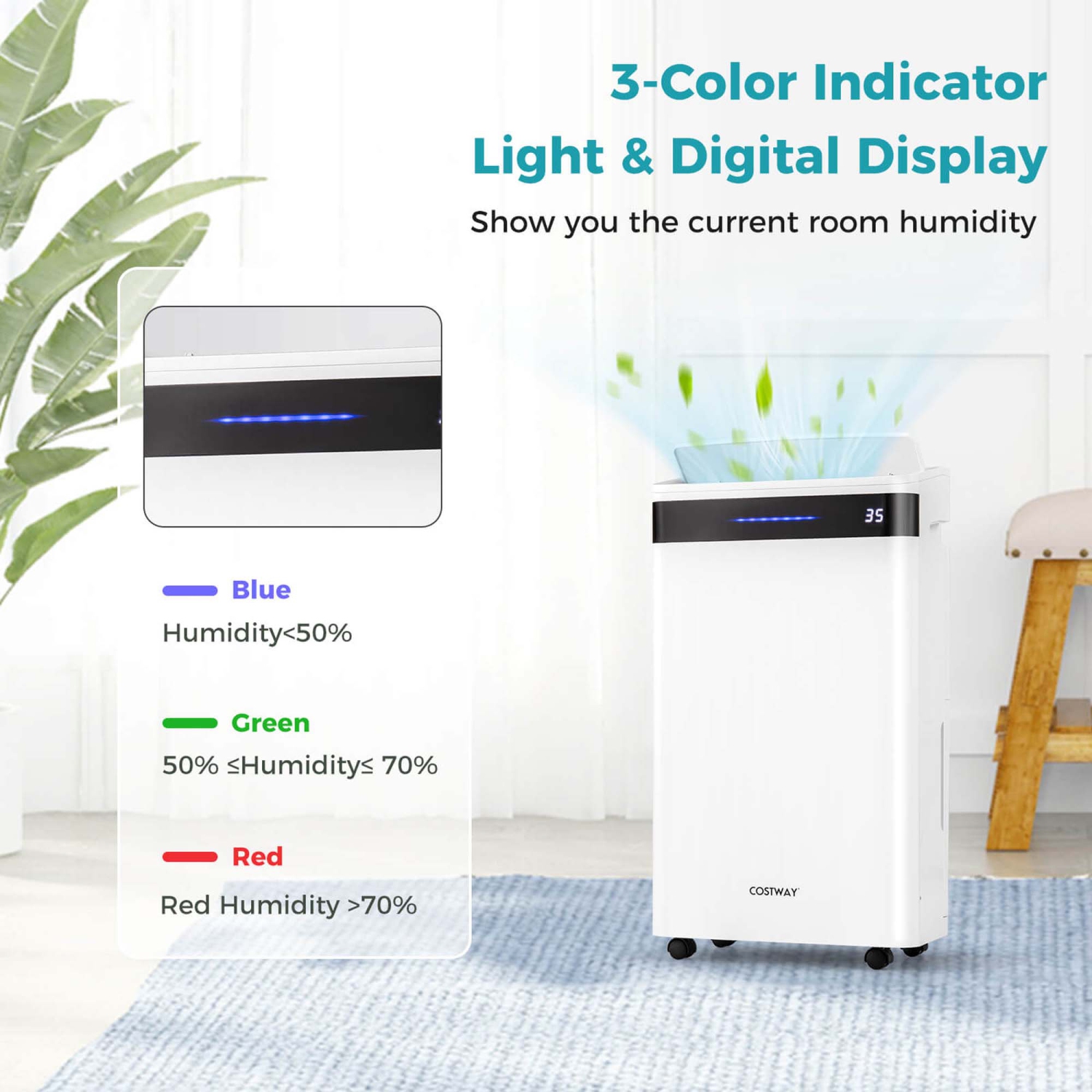 Costway 57 Pint Dehumidifier for Home and Basement with 4 Modes 3-Color Indicator 24H Timer