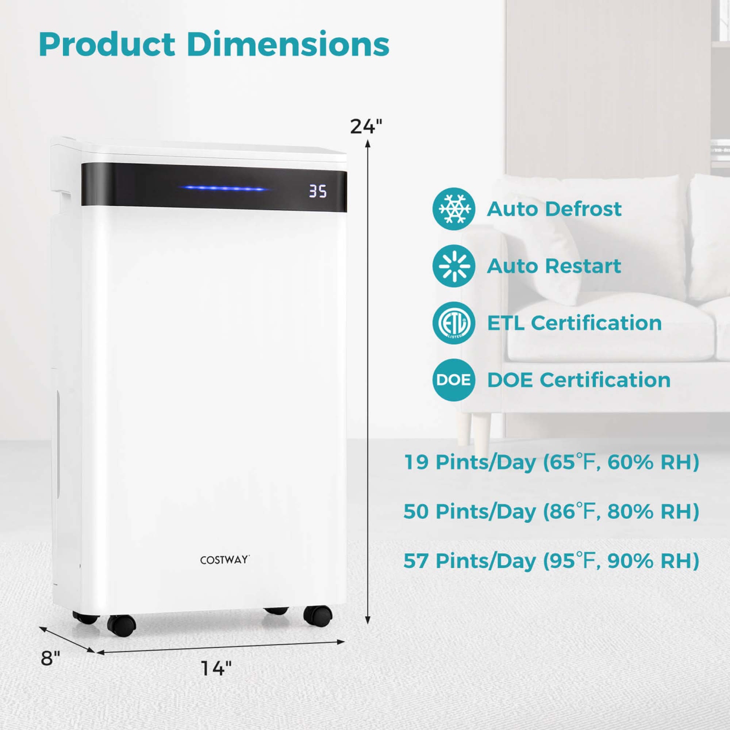 Costway 57 Pint Dehumidifier for Home and Basement with 4 Modes 3-Color Indicator 24H Timer