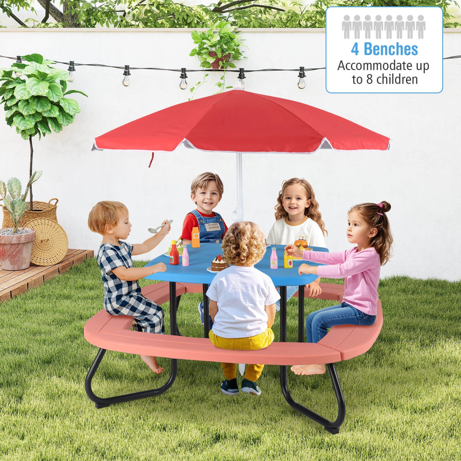 Table de pique-nique extérieure pour enfants de Costway avec parasol ajustable et repliable bleu/blanc/brun