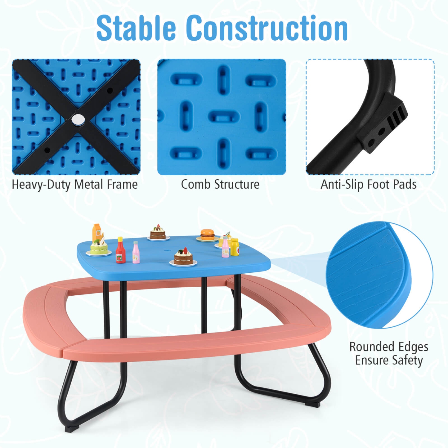 Table de pique-nique extérieure pour enfants de Costway avec parasol ajustable et repliable bleu/blanc/brun