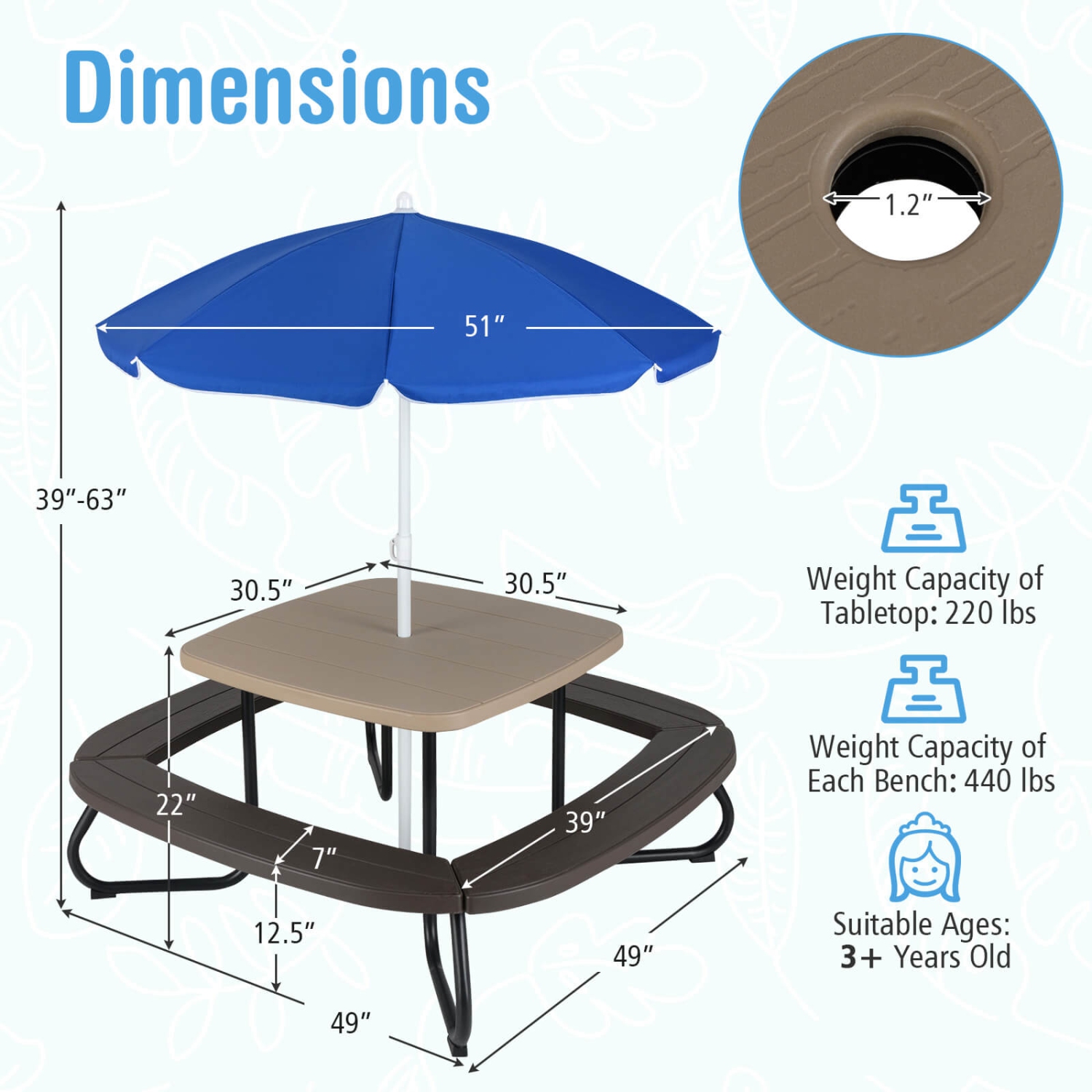 Table de pique-nique extérieure pour enfants de Costway avec parasol ajustable et repliable bleu/blanc/brun