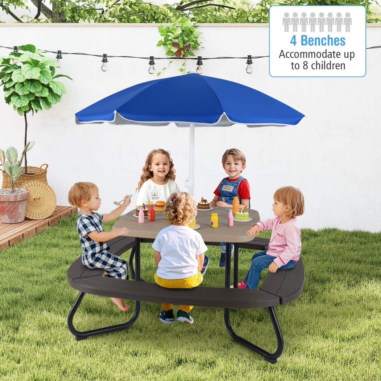 Table de pique-nique extérieure pour enfants de Costway avec parasol ajustable et repliable bleu/blanc/brun