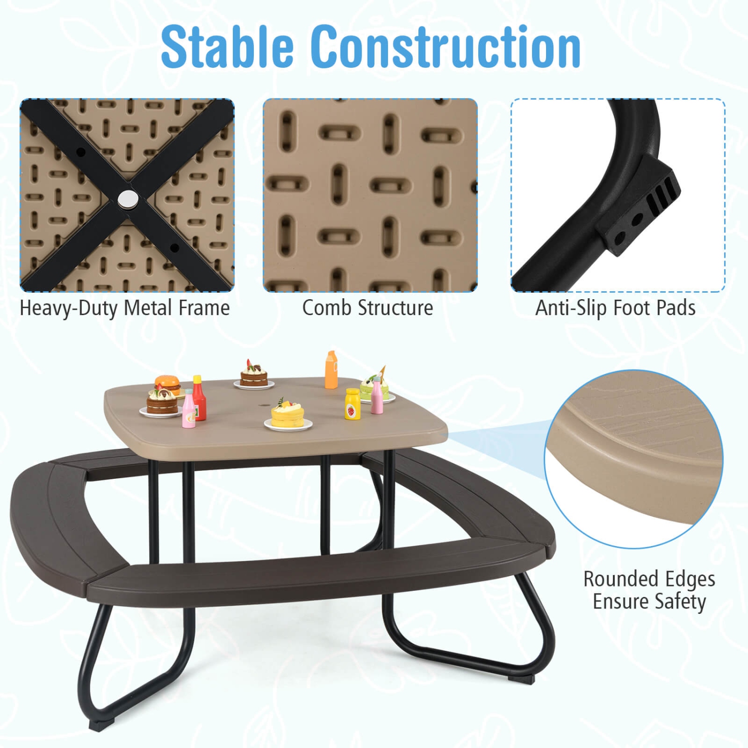 Table de pique-nique extérieure pour enfants de Costway avec parasol ajustable et repliable bleu/blanc/brun