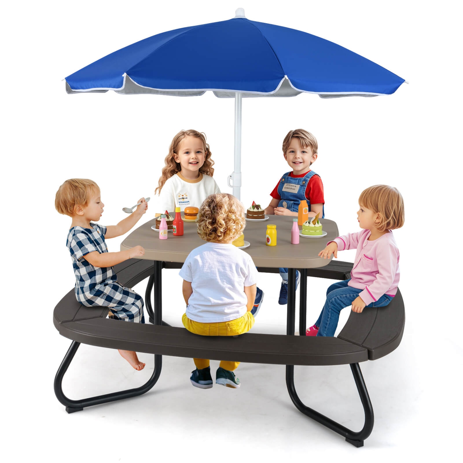 Table de pique-nique extérieure pour enfants de Costway avec parasol ajustable et repliable bleu/blanc/brun