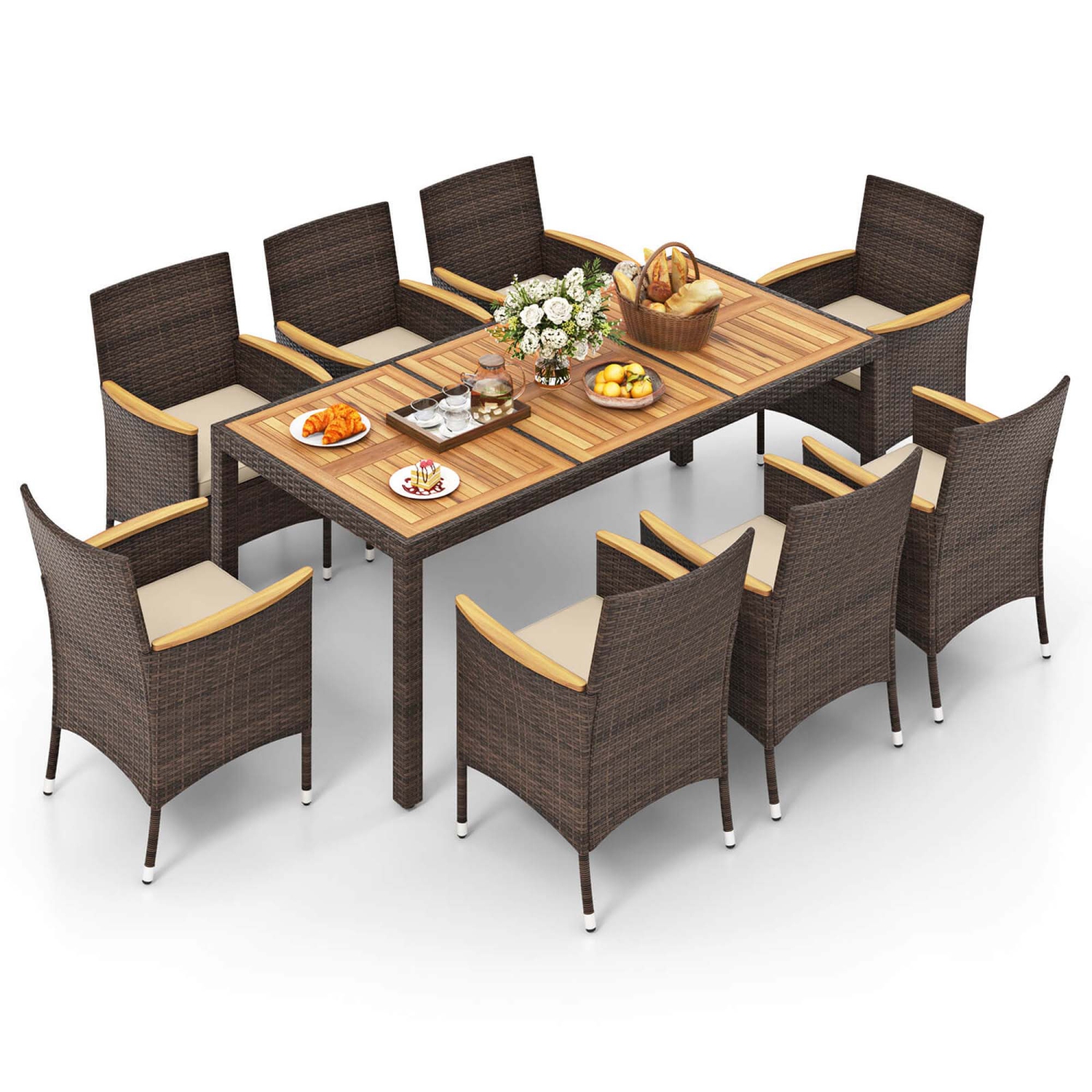 Costway 9PCS Outdoor Dining Set with Acacia Wood Table Top Patio Dining Set for 8 People Navy/Beige