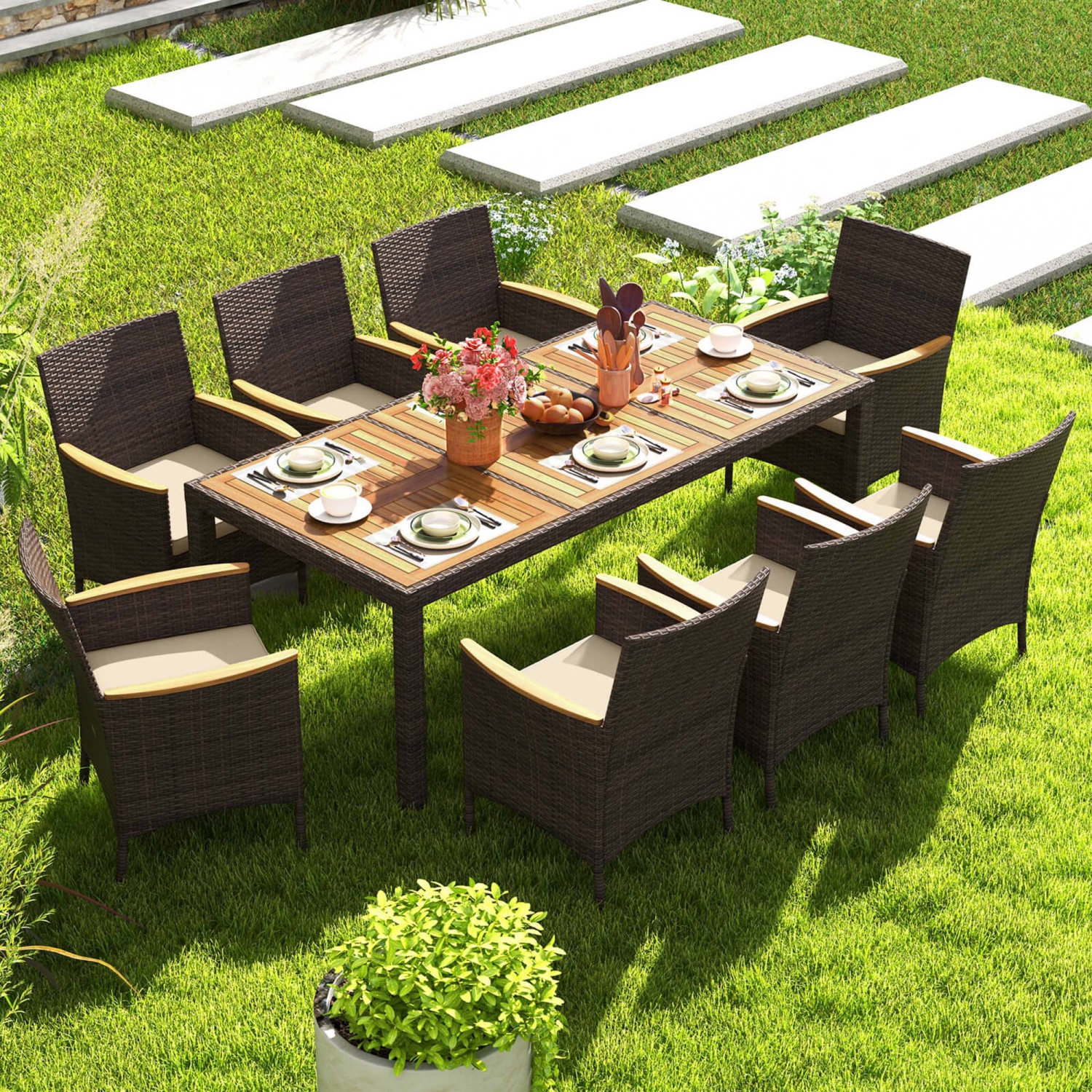 Costway 9PCS Outdoor Dining Set with Acacia Wood Table Top Patio Dining Set for 8 People Navy/Beige