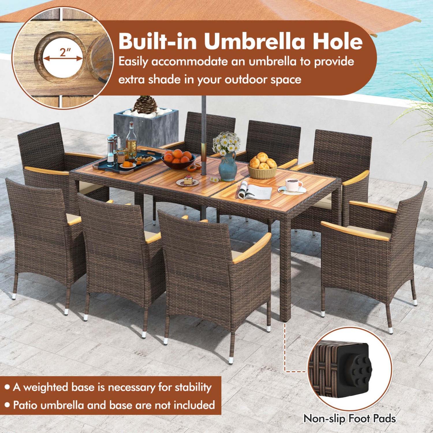 Costway 9PCS Outdoor Dining Set with Acacia Wood Table Top Patio Dining Set for 8 People Navy/Beige