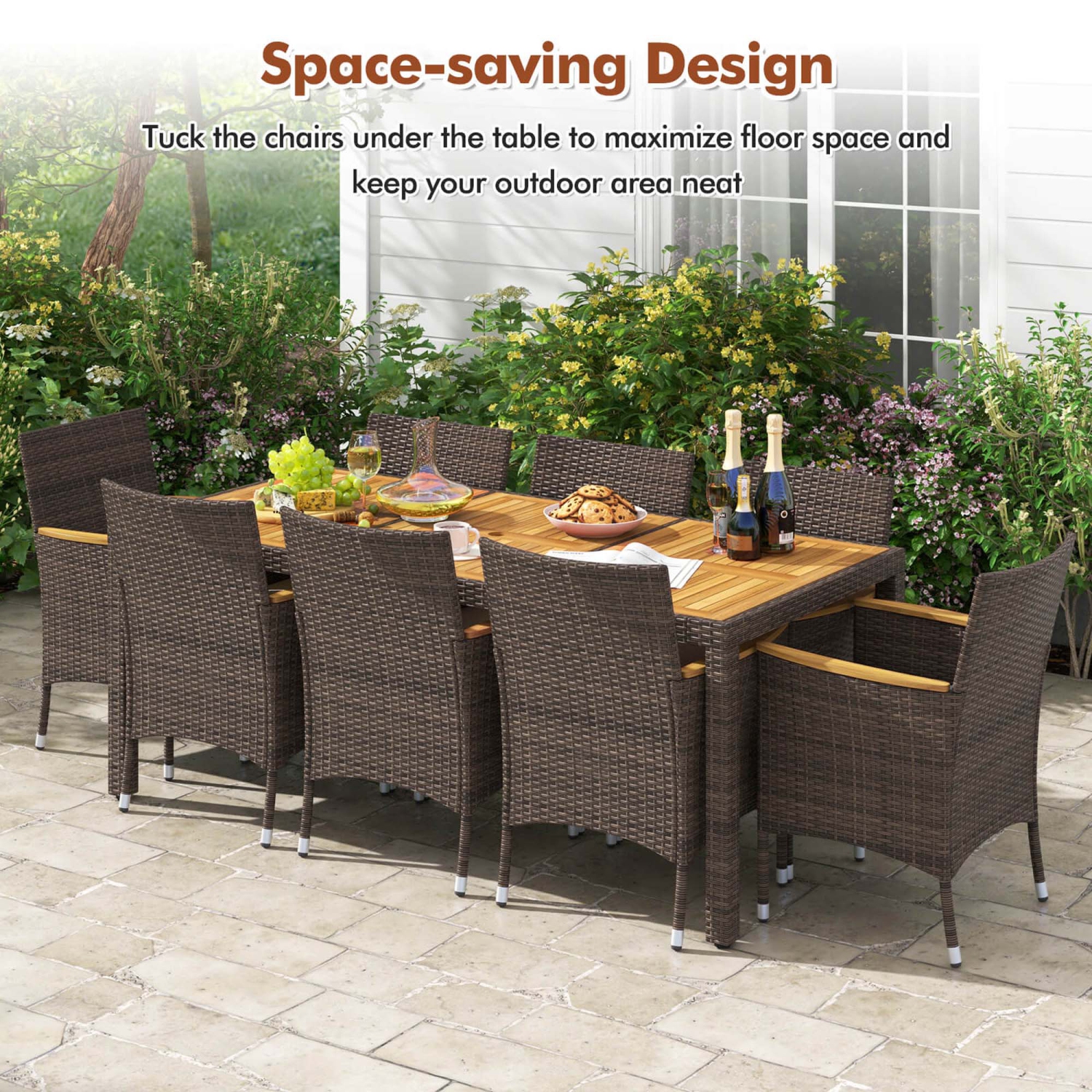Costway 9PCS Outdoor Dining Set with Acacia Wood Table Top Patio Dining Set for 8 People Navy/Beige