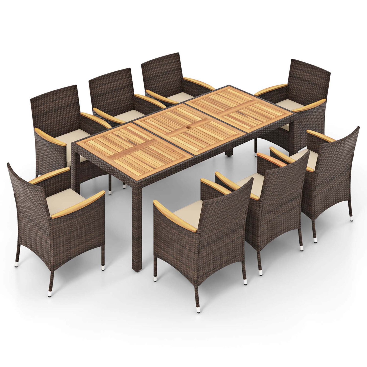 Costway 9PCS Outdoor Dining Set with Acacia Wood Table Top Patio Dining Set for 8 People Navy/Beige