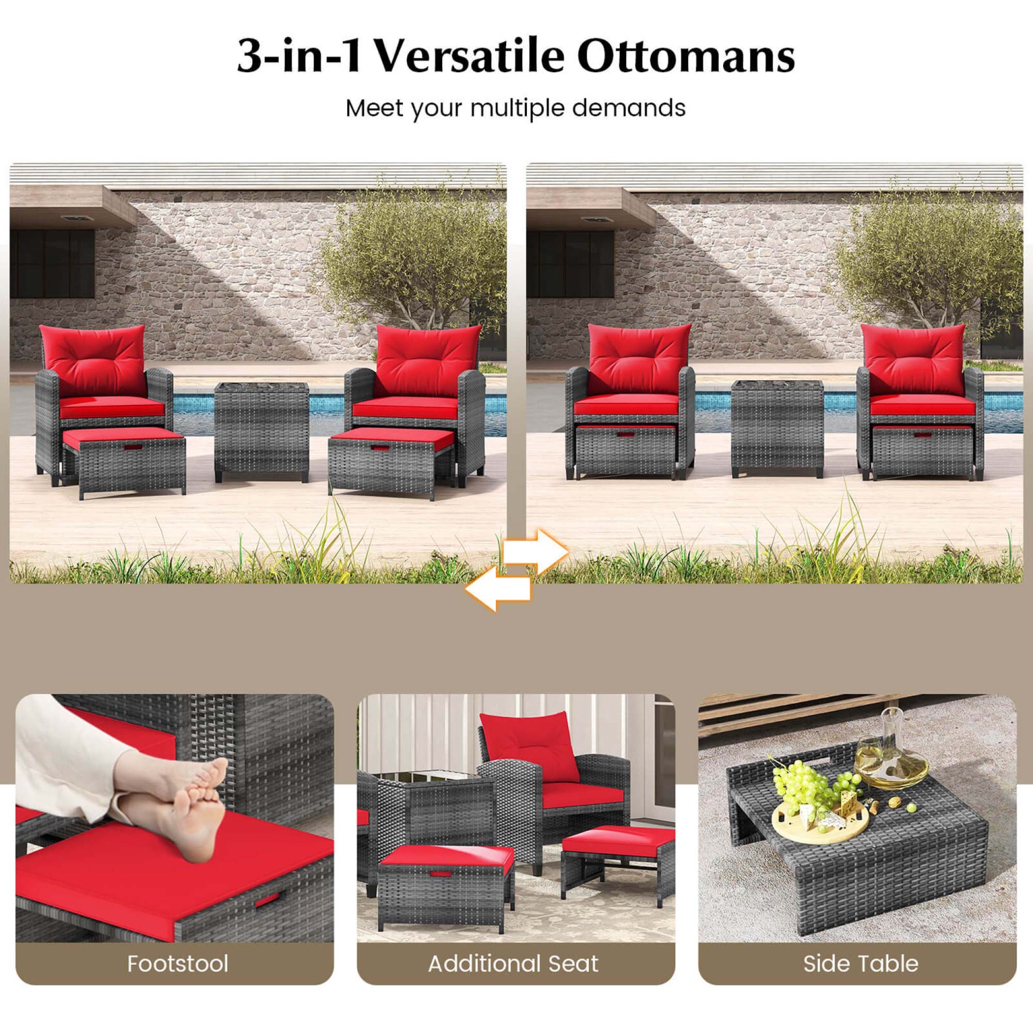 Meubles de patio en rotin 5 pièces avec 2 poufs et table basse en verre trempé de Costway - Noir/Gris/Bleu marine