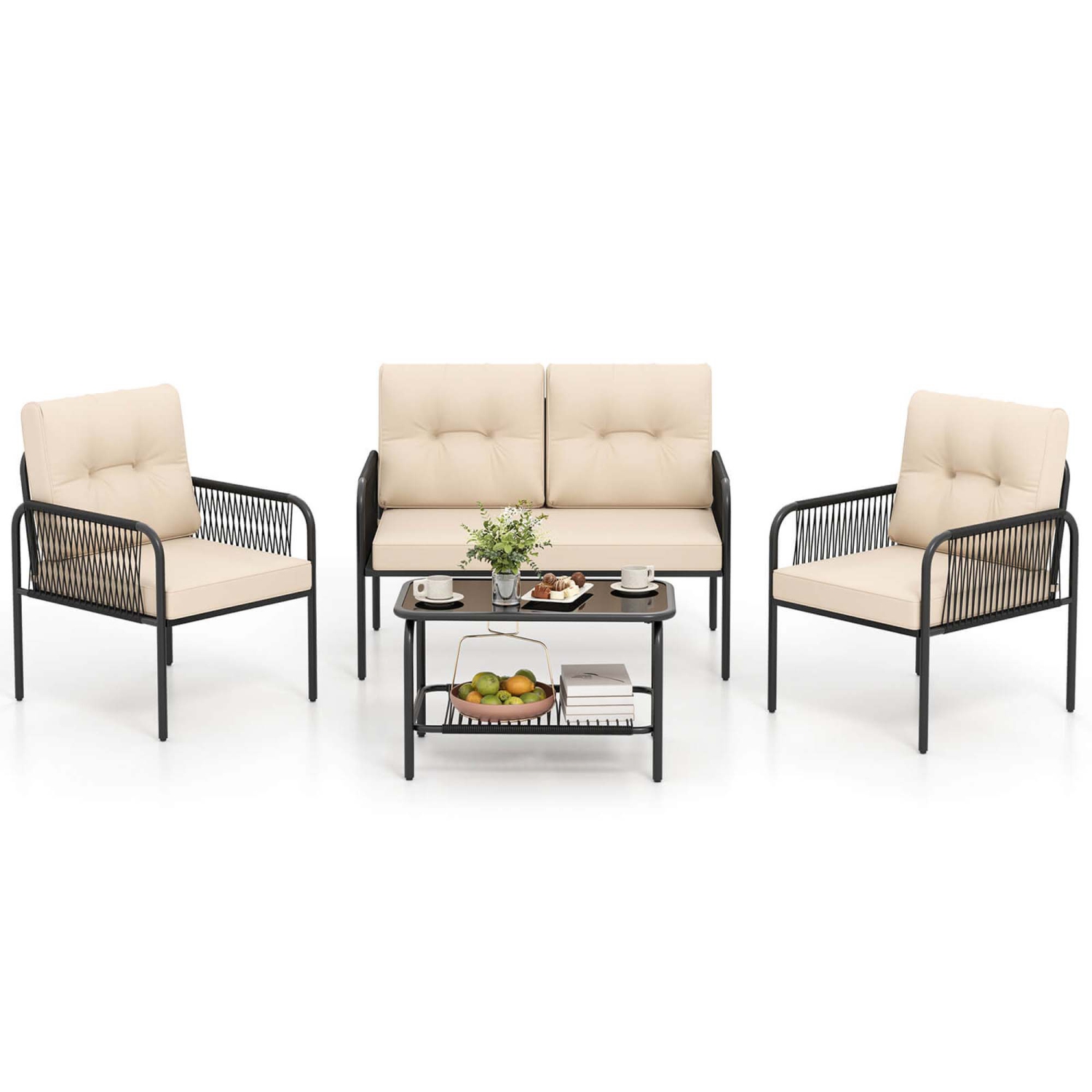 Costway 4 PCS Patio Furniture Set with Loveseat Tempered Glass Coffee Table & Soft Cushions