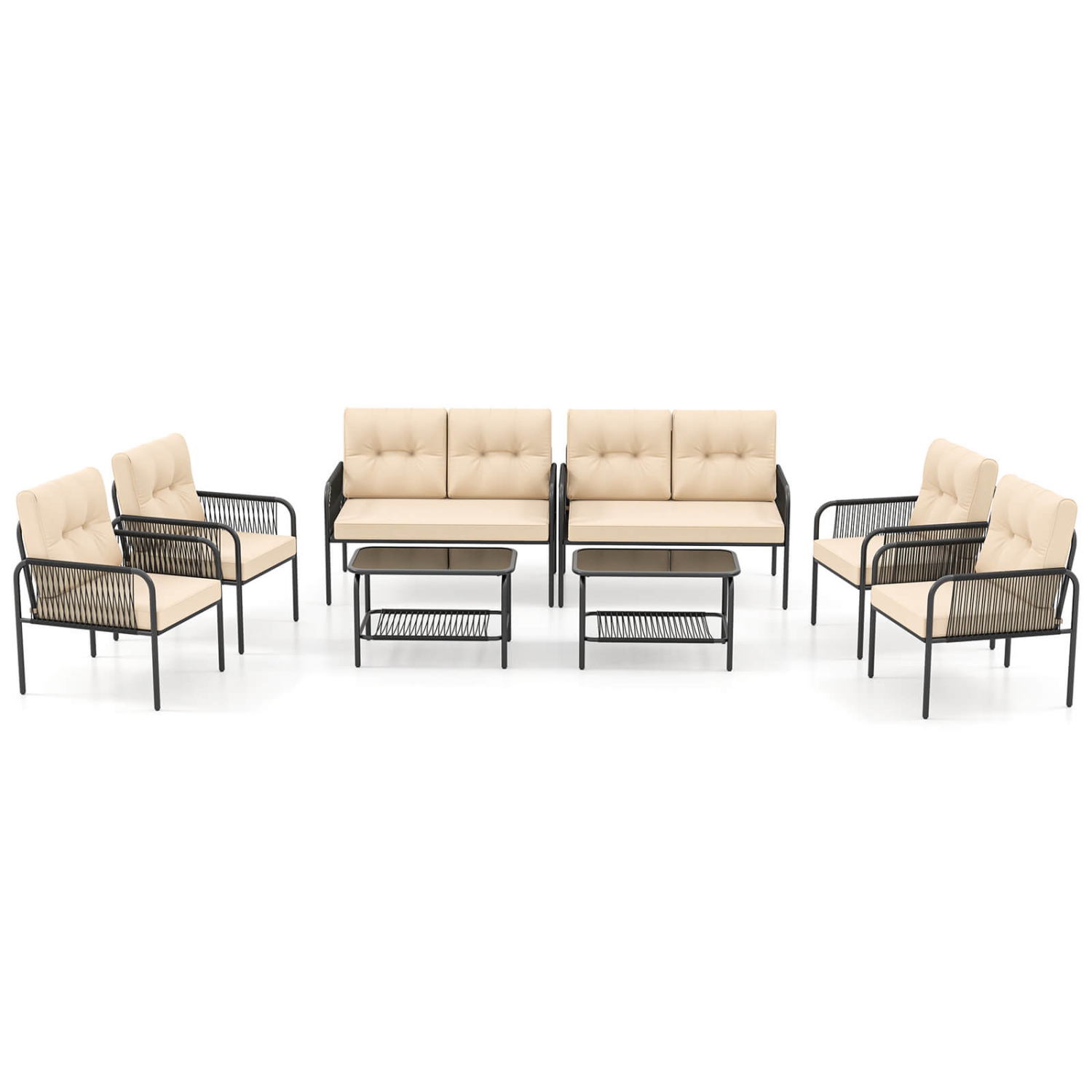 Costway 8 PCS Patio Furniture Set with Loveseat Tempered Glass Coffee Table & Soft Cushions