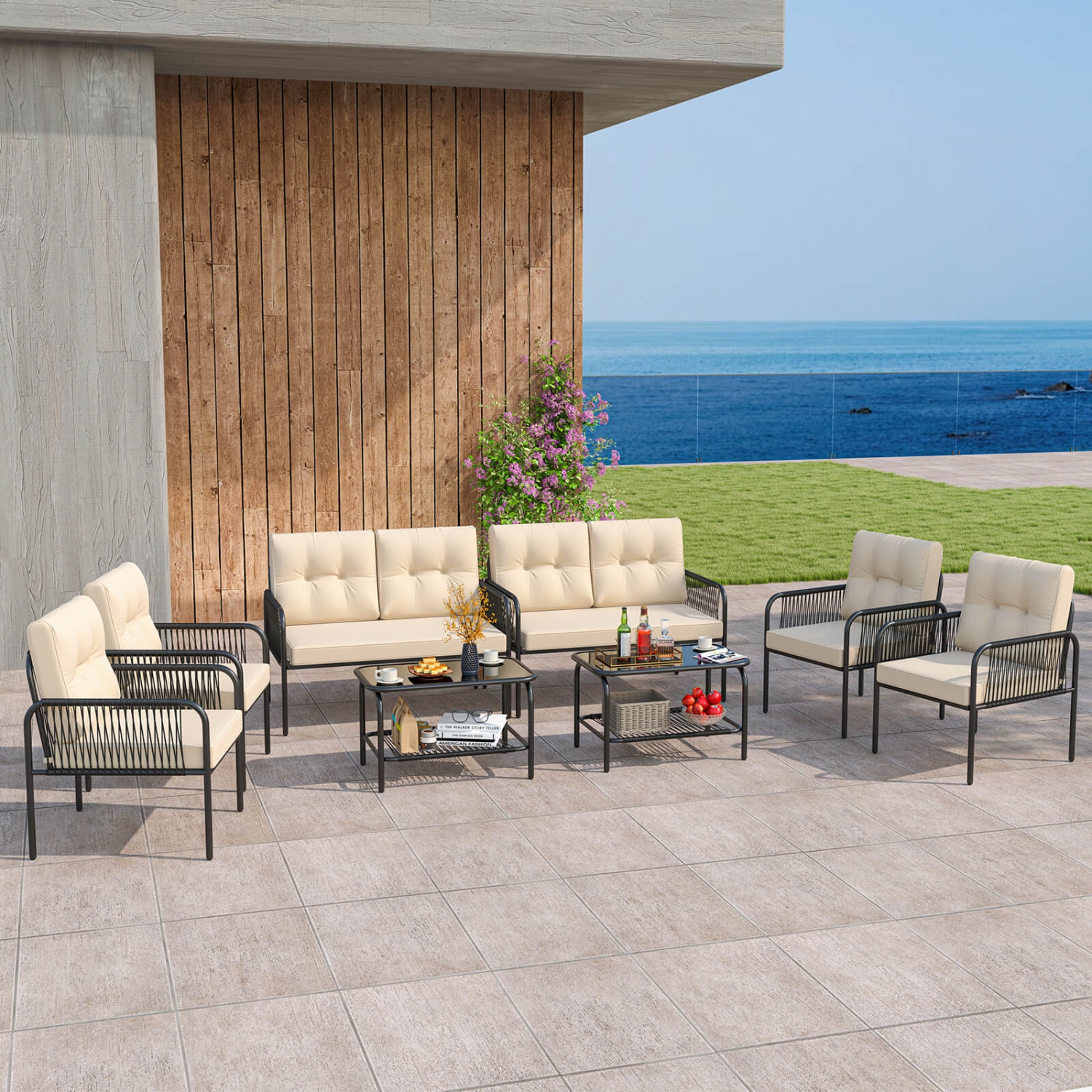 Costway 8 PCS Patio Furniture Set with Loveseat Tempered Glass Coffee Table & Soft Cushions