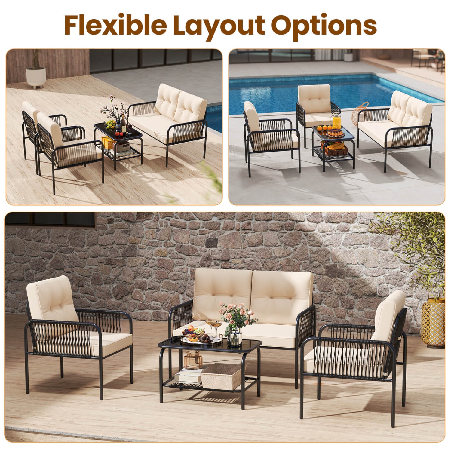 Costway 8 PCS Patio Furniture Set with Loveseat Tempered Glass Coffee Table & Soft Cushions